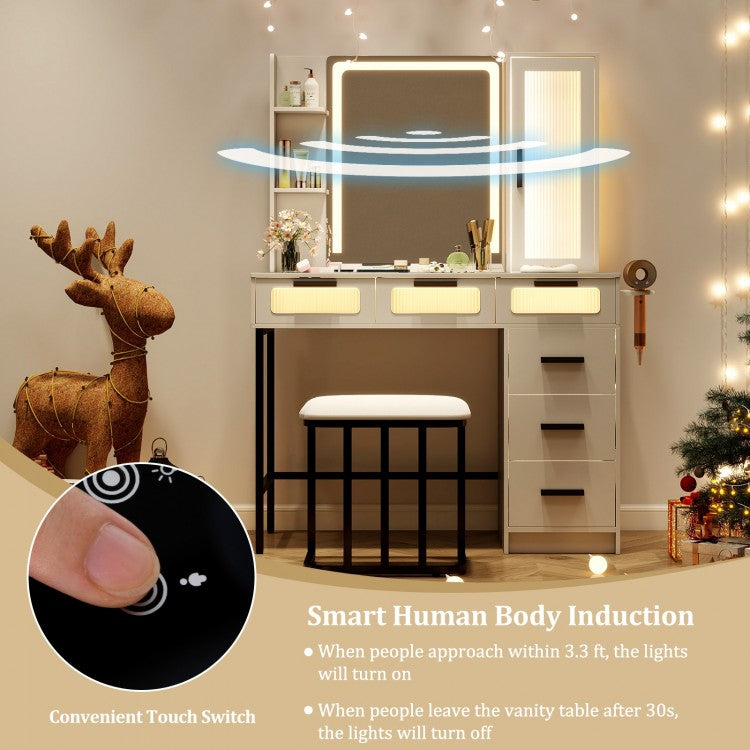 Makeup Vanity Desk with 3-Color Induction LED Mirror, Built-in Charging Station & 6 Storage Drawers