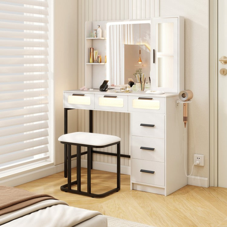 Makeup Vanity Desk with 3-Color Induction LED Mirror, Built-in Charging Station & 6 Storage Drawers