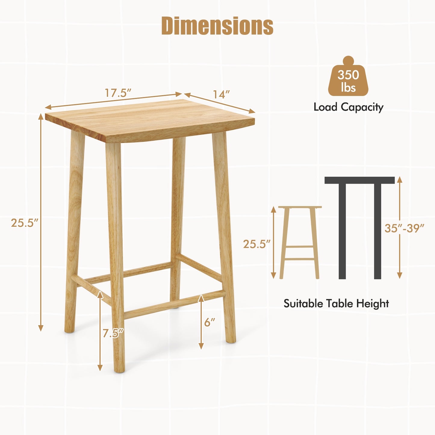 Counter Height Bar Stools with Footrest Set of 2 25.5" Solid Wood Seat