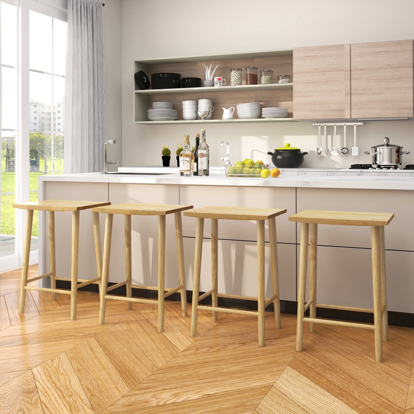 Counter Height Bar Stools with Footrest Set of 2 25.5" Solid Wood Seat
