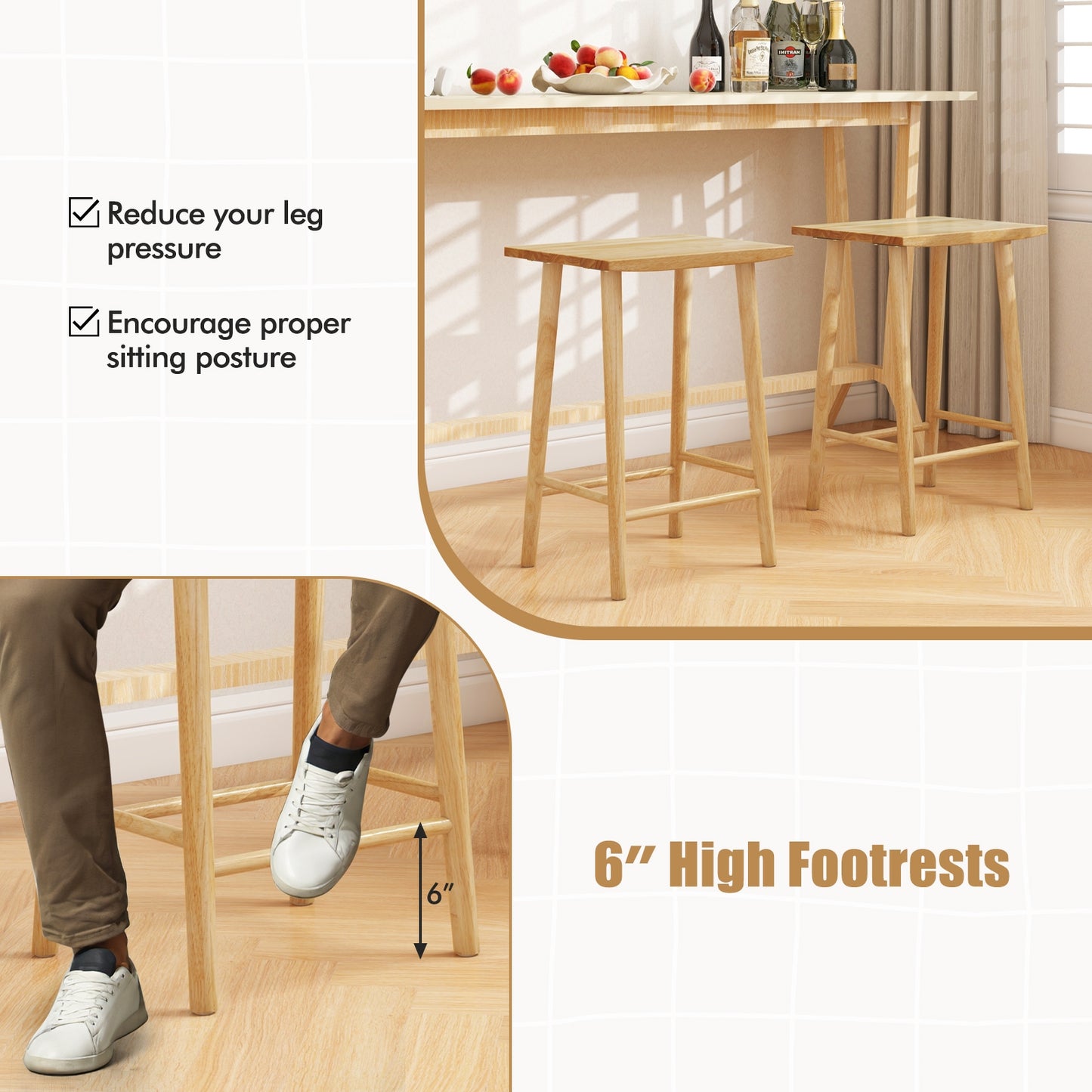 Counter Height Bar Stools with Footrest Set of 2 25.5" Solid Wood Seat