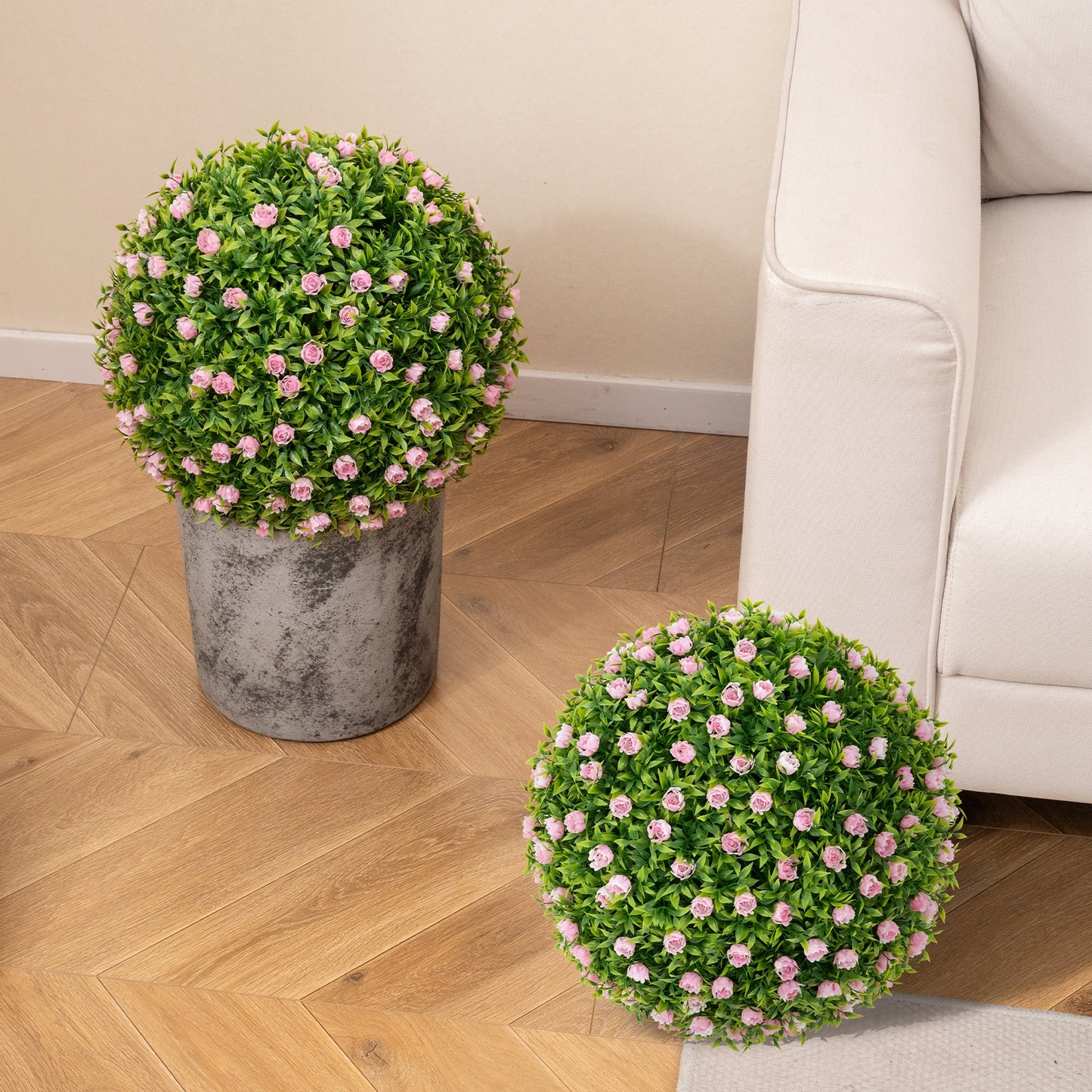 Set of 2 Artificial Topiary Balls – 17.5 Inch Faux Decorative Plant Balls with Vibrant Pink Flowers