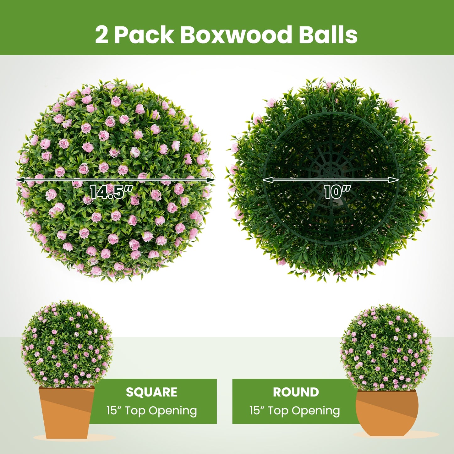 Set of 2 Artificial Topiary Balls – 17.5 Inch Faux Decorative Plant Balls with Vibrant Pink Flowers