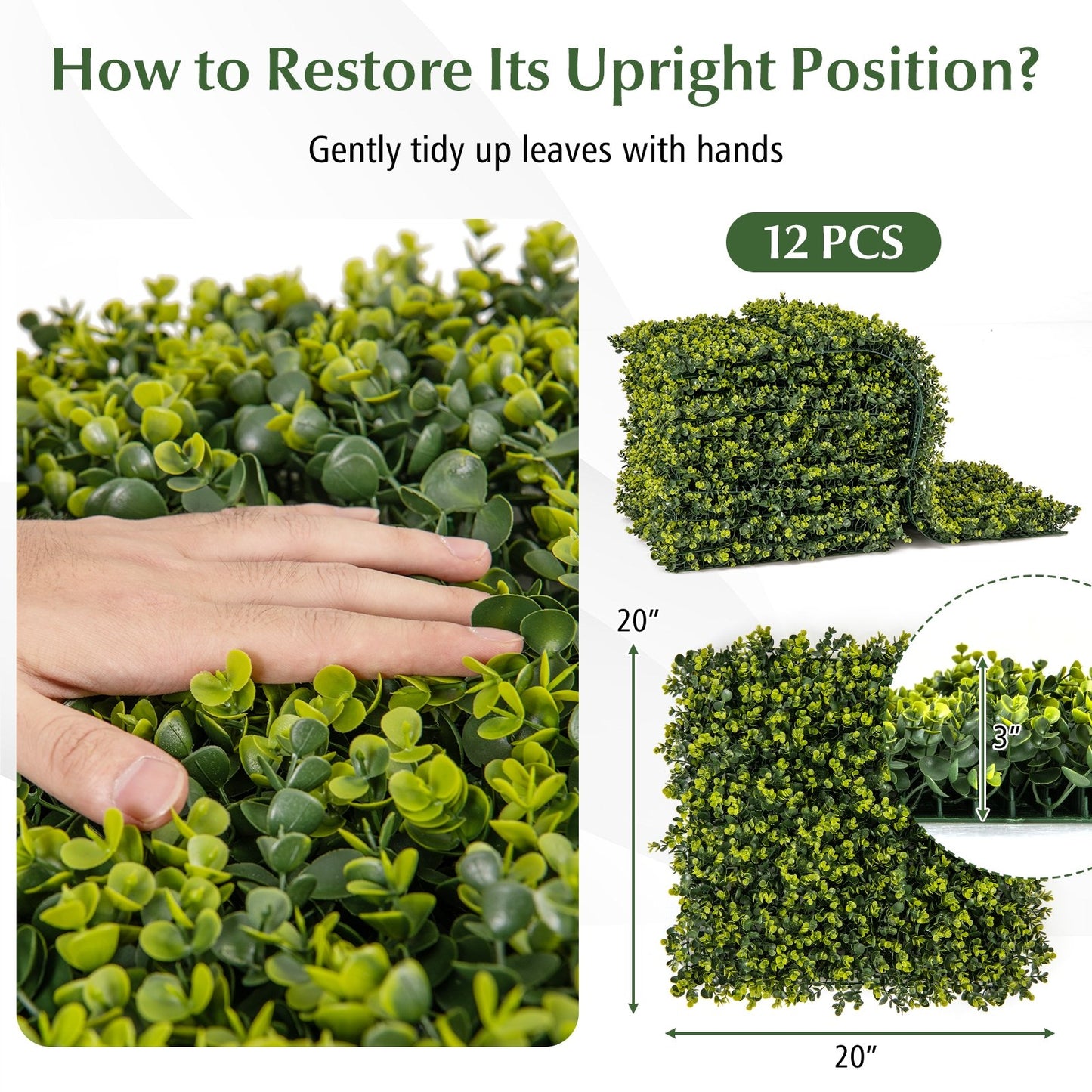 12 Pieces 20" x 20" Faux Eucalyptus Hedge Panels for Privacy & Decorative Green Walls