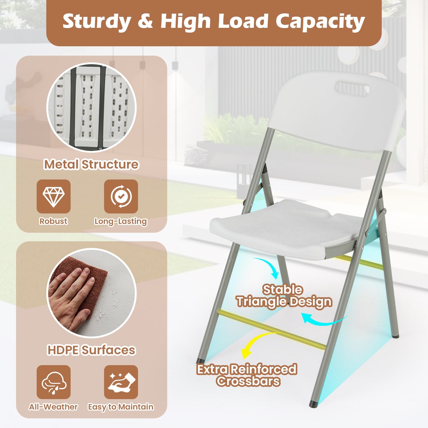 Set of 4 Foldable Chairs with Durable Metal Frame and Portable Carry Handle