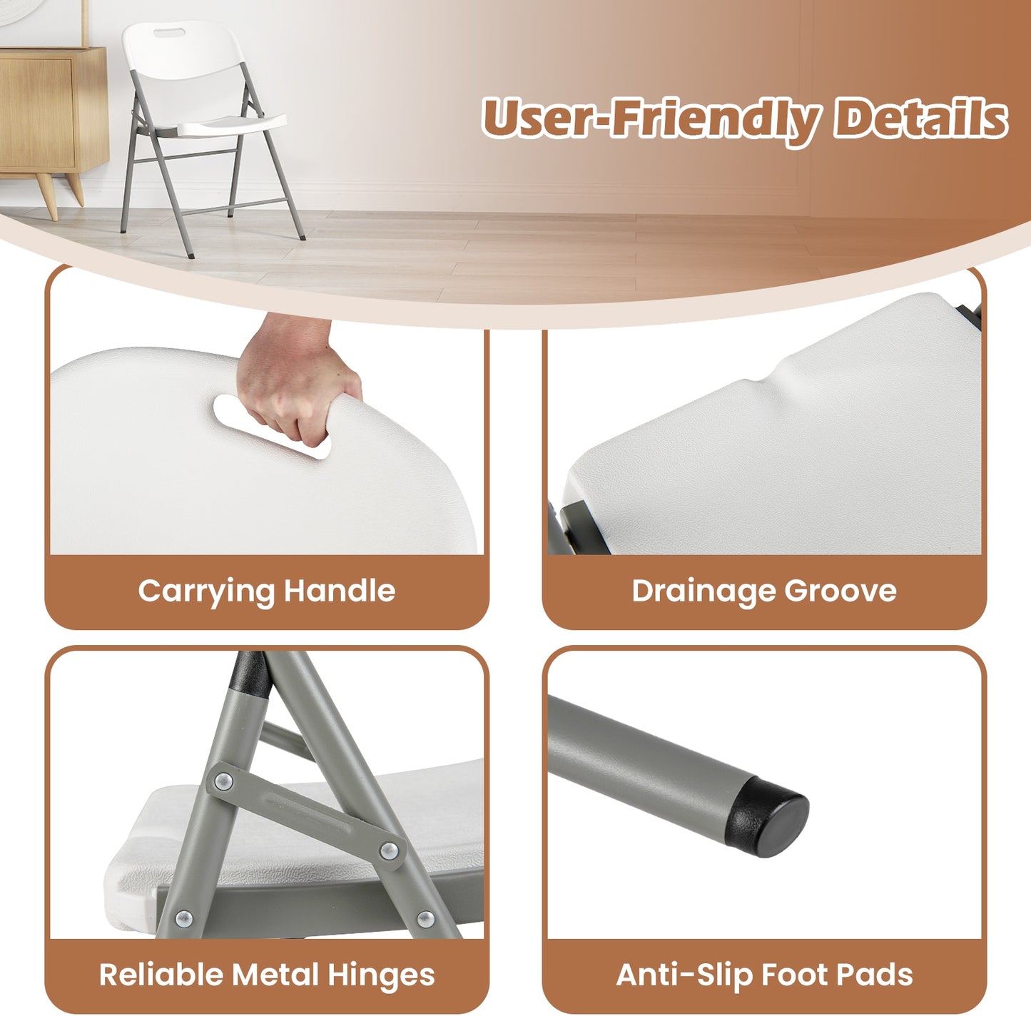 Set of 4 Foldable Chairs with Durable Metal Frame and Portable Carry Handle