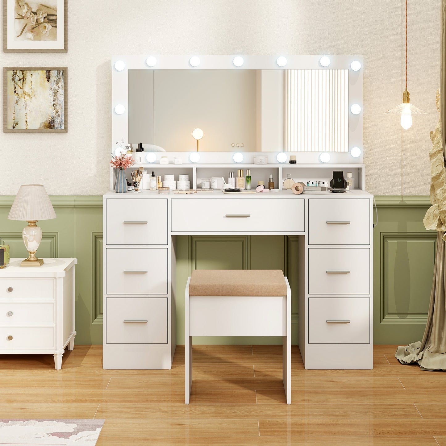 Makeup Vanity Desk with 3-Color LED Mirror, Charging Station & Ample Storage - White