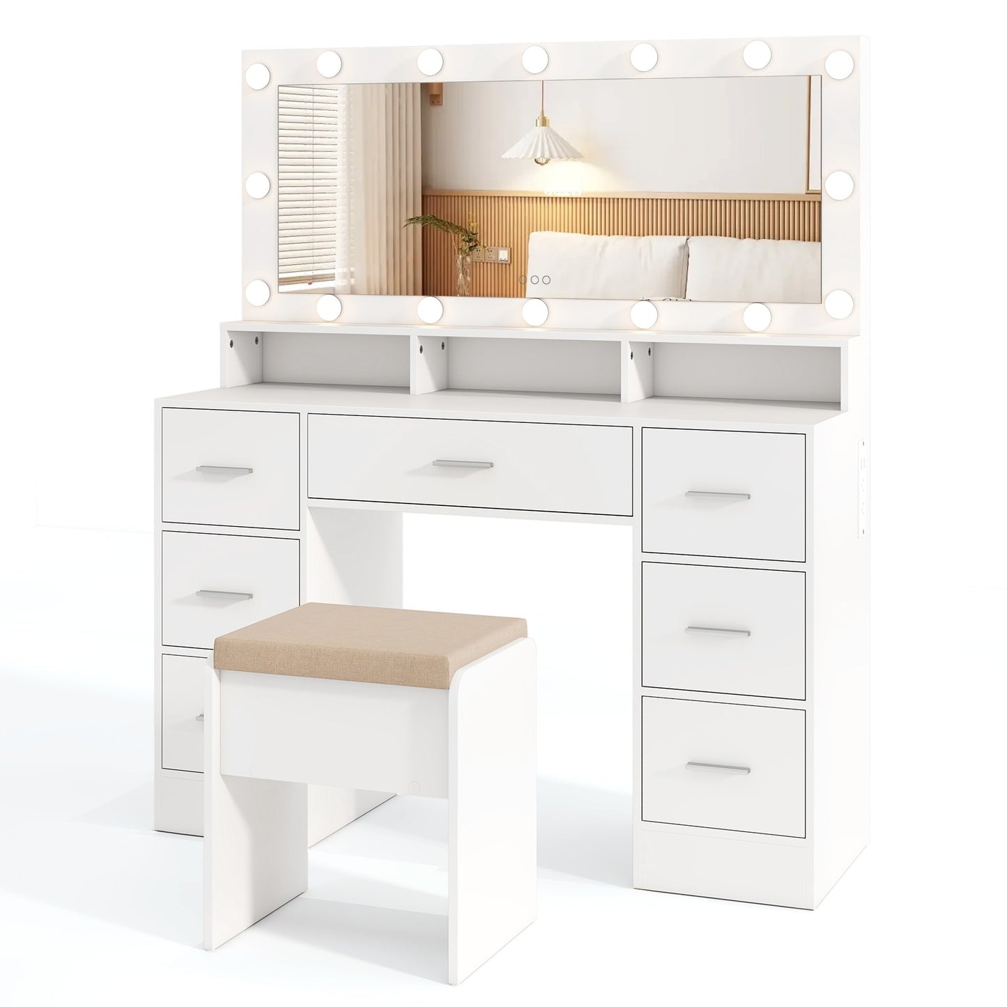 Makeup Vanity Desk with 3-Color LED Mirror, Charging Station & Ample Storage - White