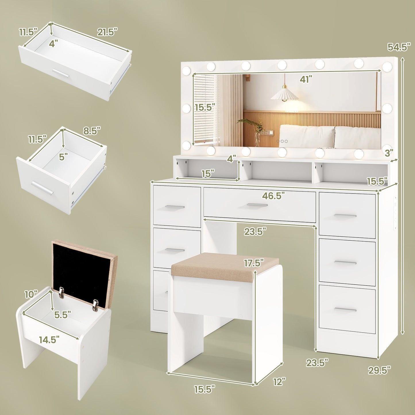 Makeup Vanity Desk with 3-Color LED Mirror, Charging Station & Ample Storage - White