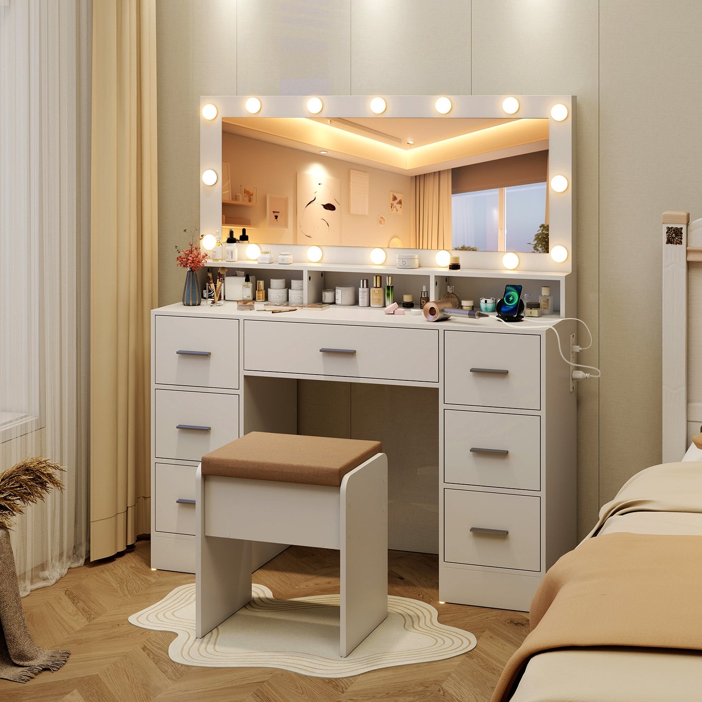 Makeup Vanity Desk with 3-Color LED Mirror, Charging Station & Ample Storage - White