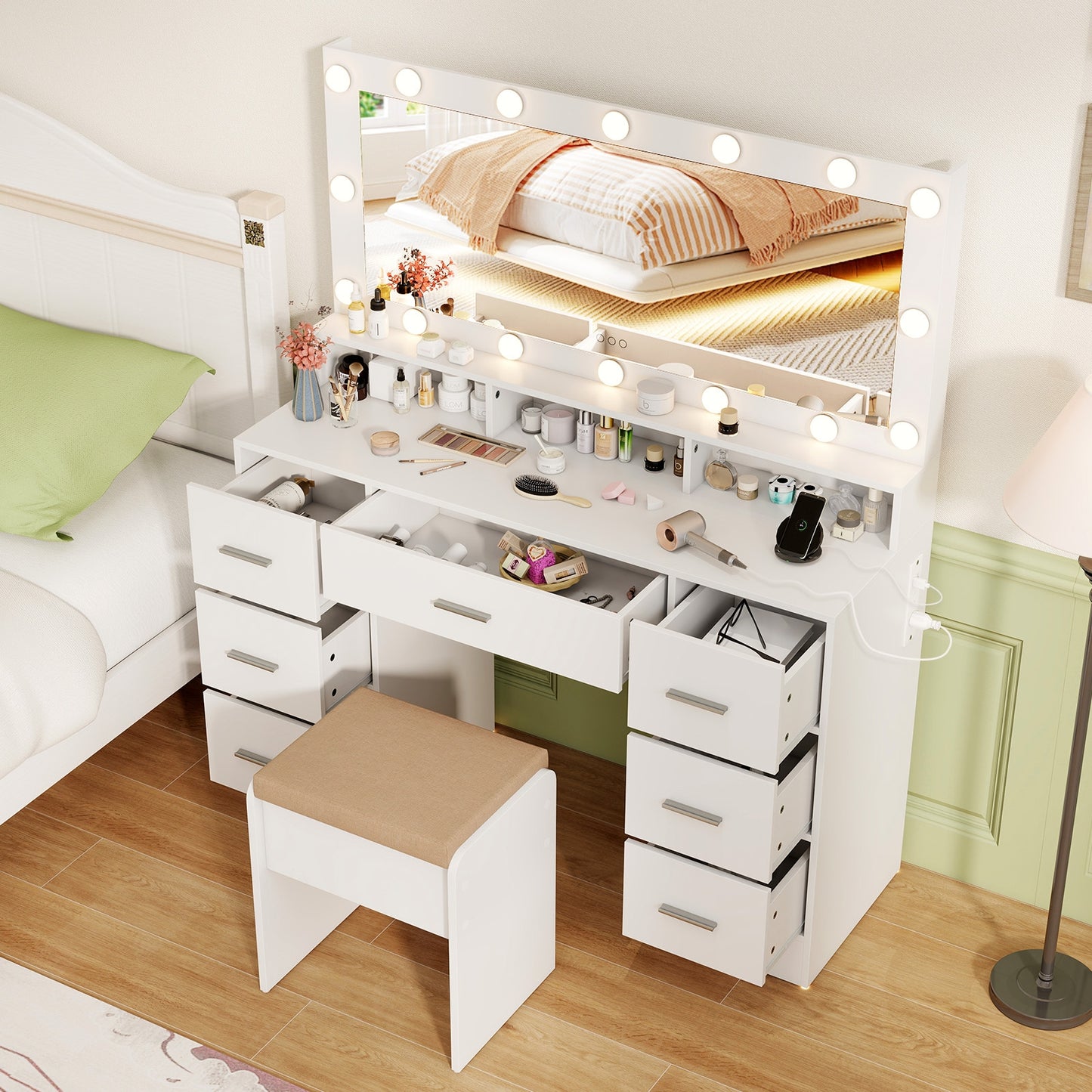 Makeup Vanity Desk with 3-Color LED Mirror, Charging Station & Ample Storage - White