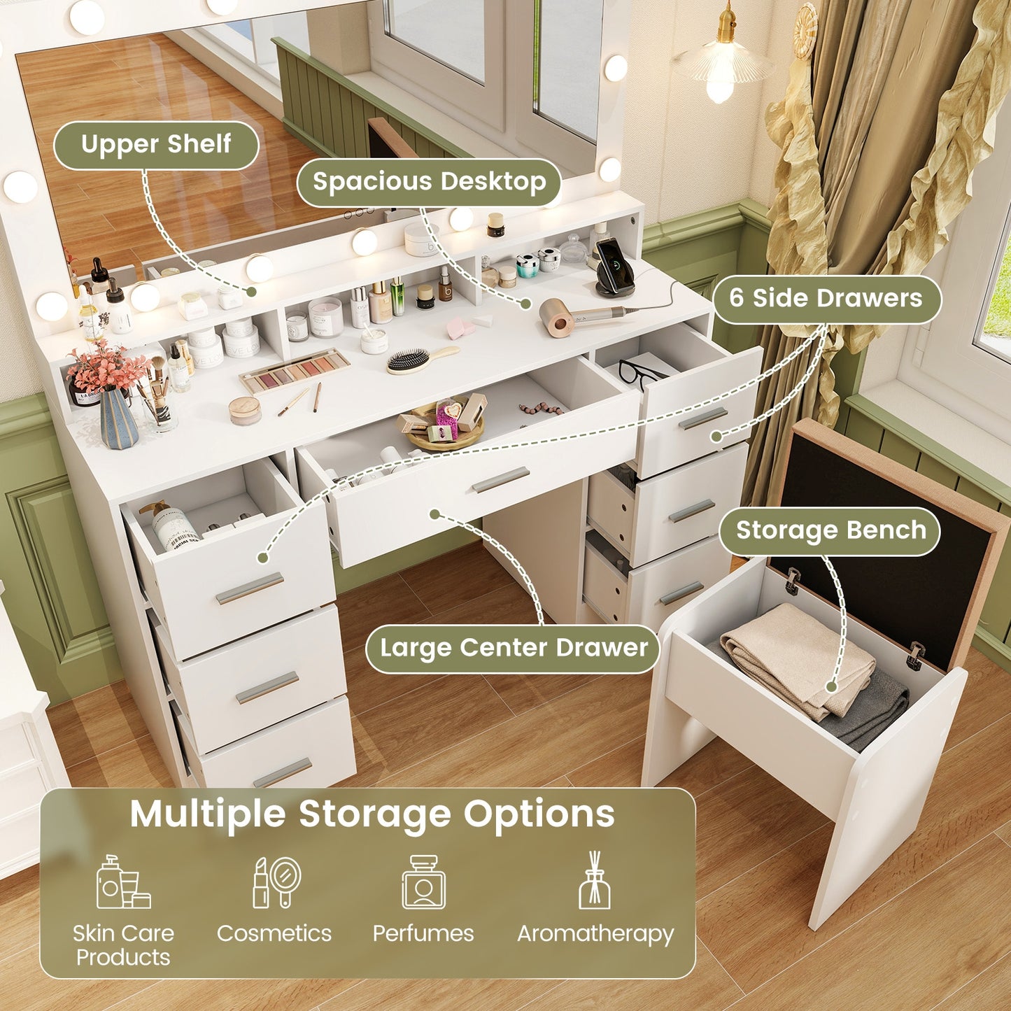 Makeup Vanity Desk with 3-Color LED Mirror, Charging Station & Ample Storage - White