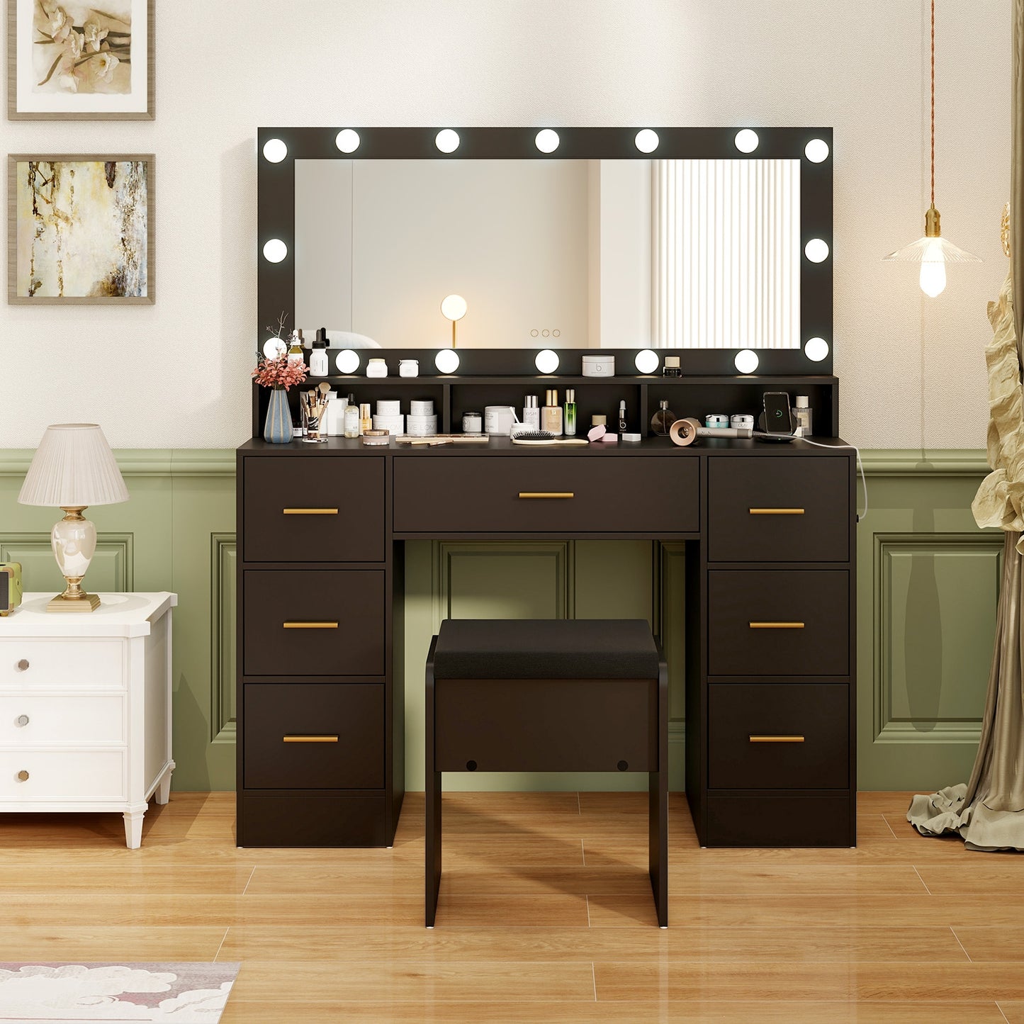 Makeup Vanity Desk with 3-Color LED Mirror, Charging Station & Ample Storage - Black