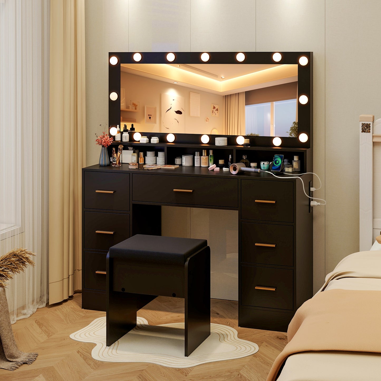 Makeup Vanity Desk with 3-Color LED Mirror, Charging Station & Ample Storage - Black