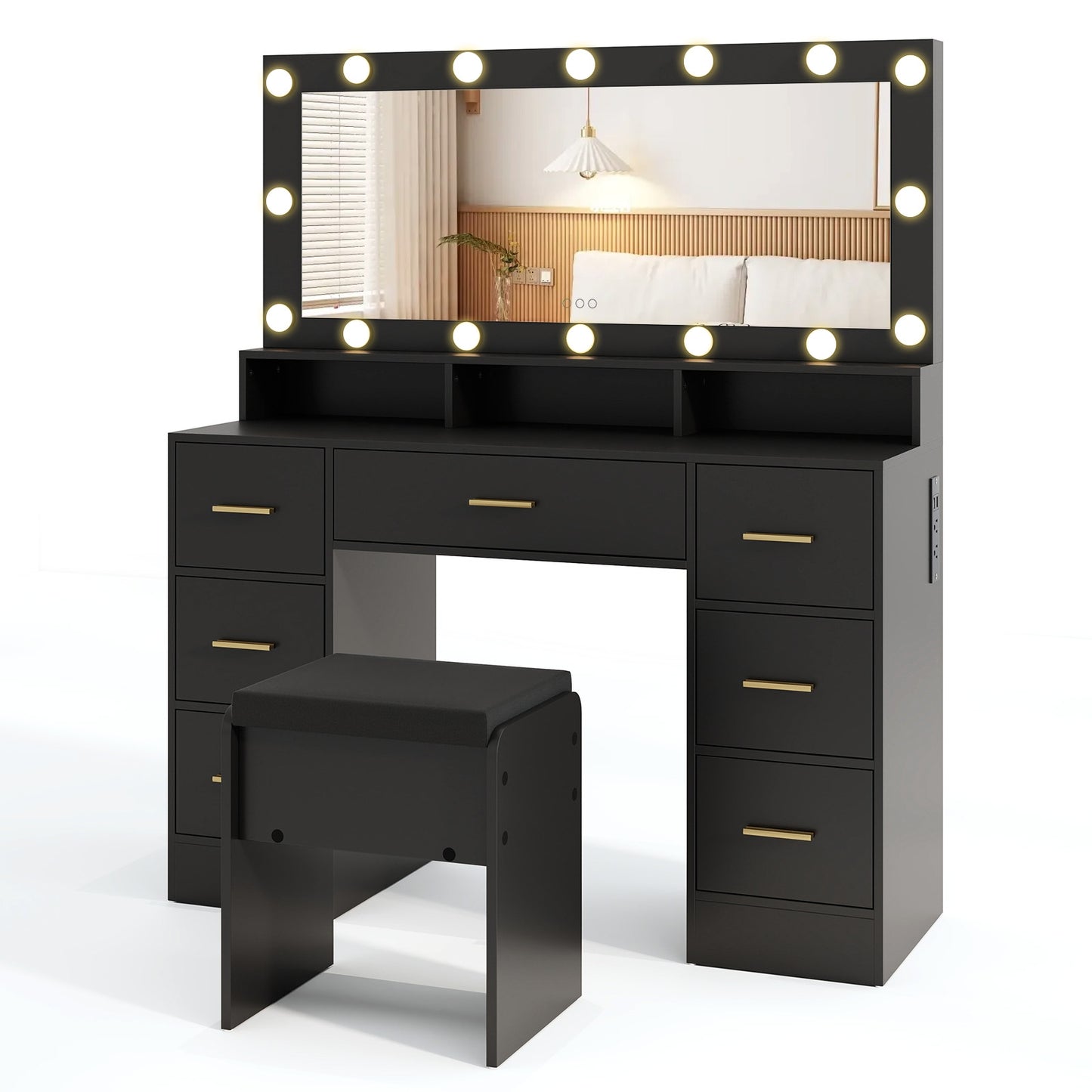Makeup Vanity Desk with 3-Color LED Mirror, Charging Station & Ample Storage - Black