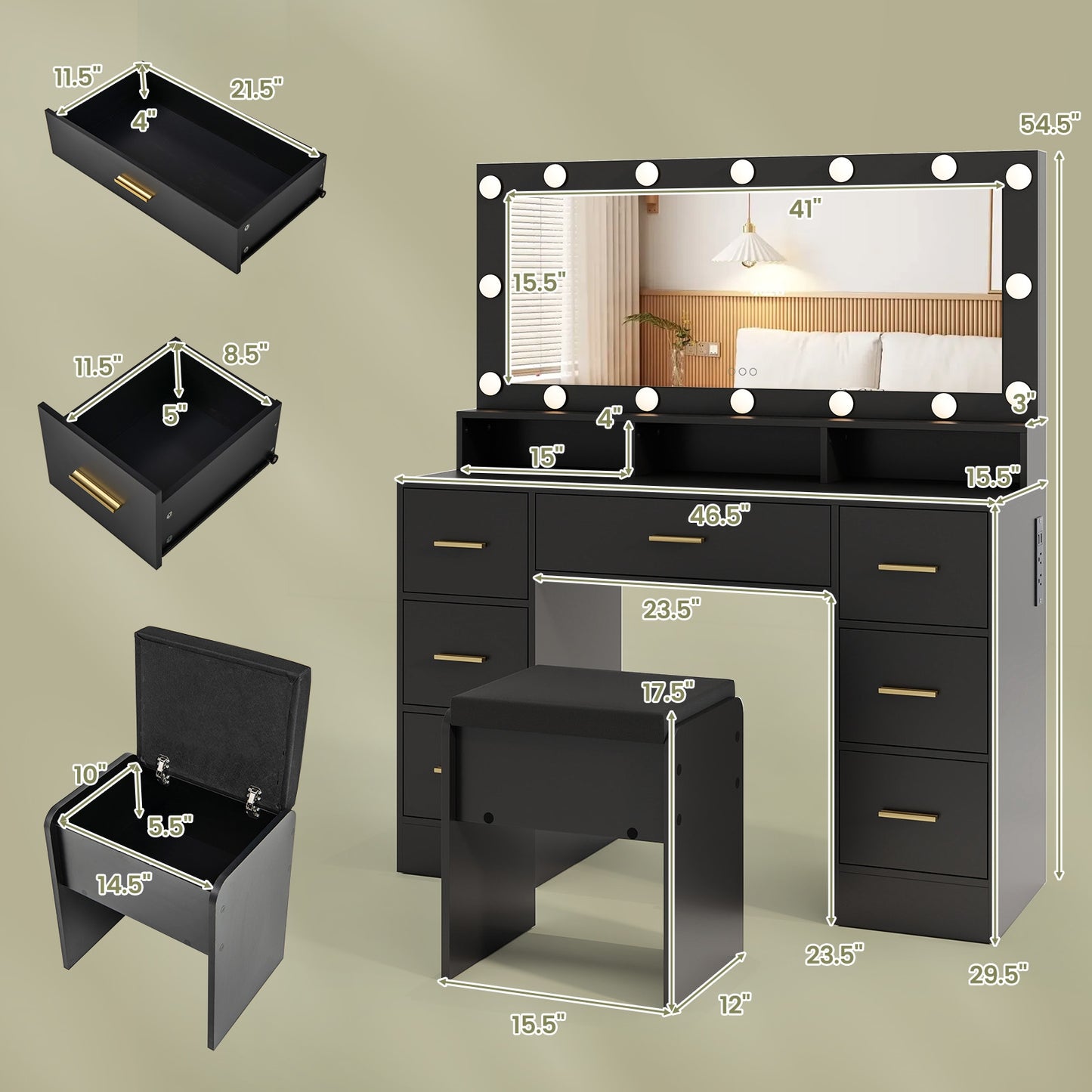 Makeup Vanity Desk with 3-Color LED Mirror, Charging Station & Ample Storage - Black