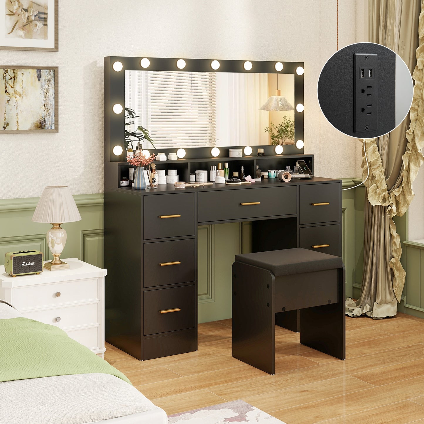 Makeup Vanity Desk with 3-Color LED Mirror, Charging Station & Ample Storage - Black