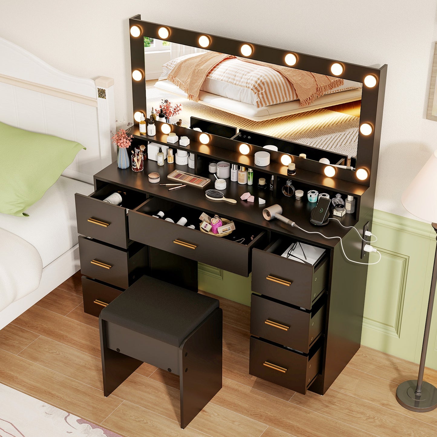 Makeup Vanity Desk with 3-Color LED Mirror, Charging Station & Ample Storage - Black