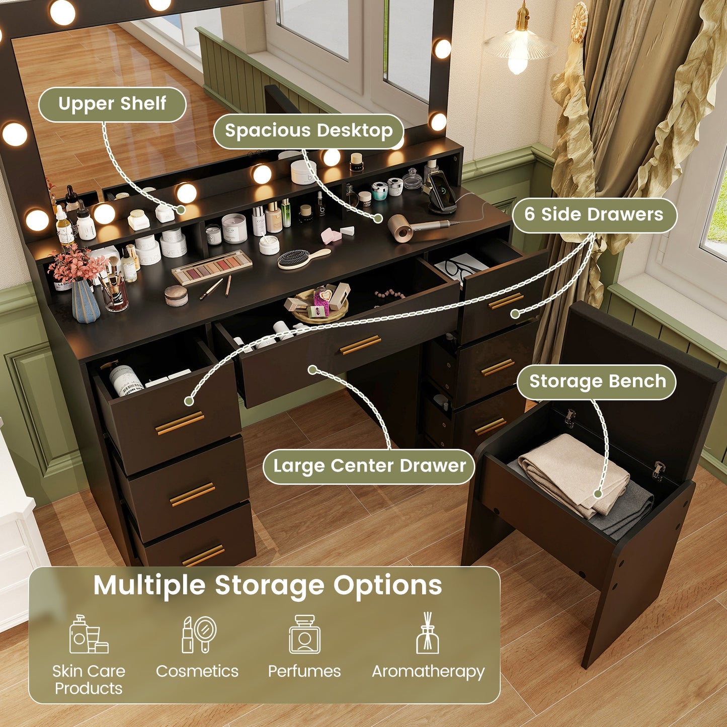 Makeup Vanity Desk with 3-Color LED Mirror, Charging Station & Ample Storage - Black