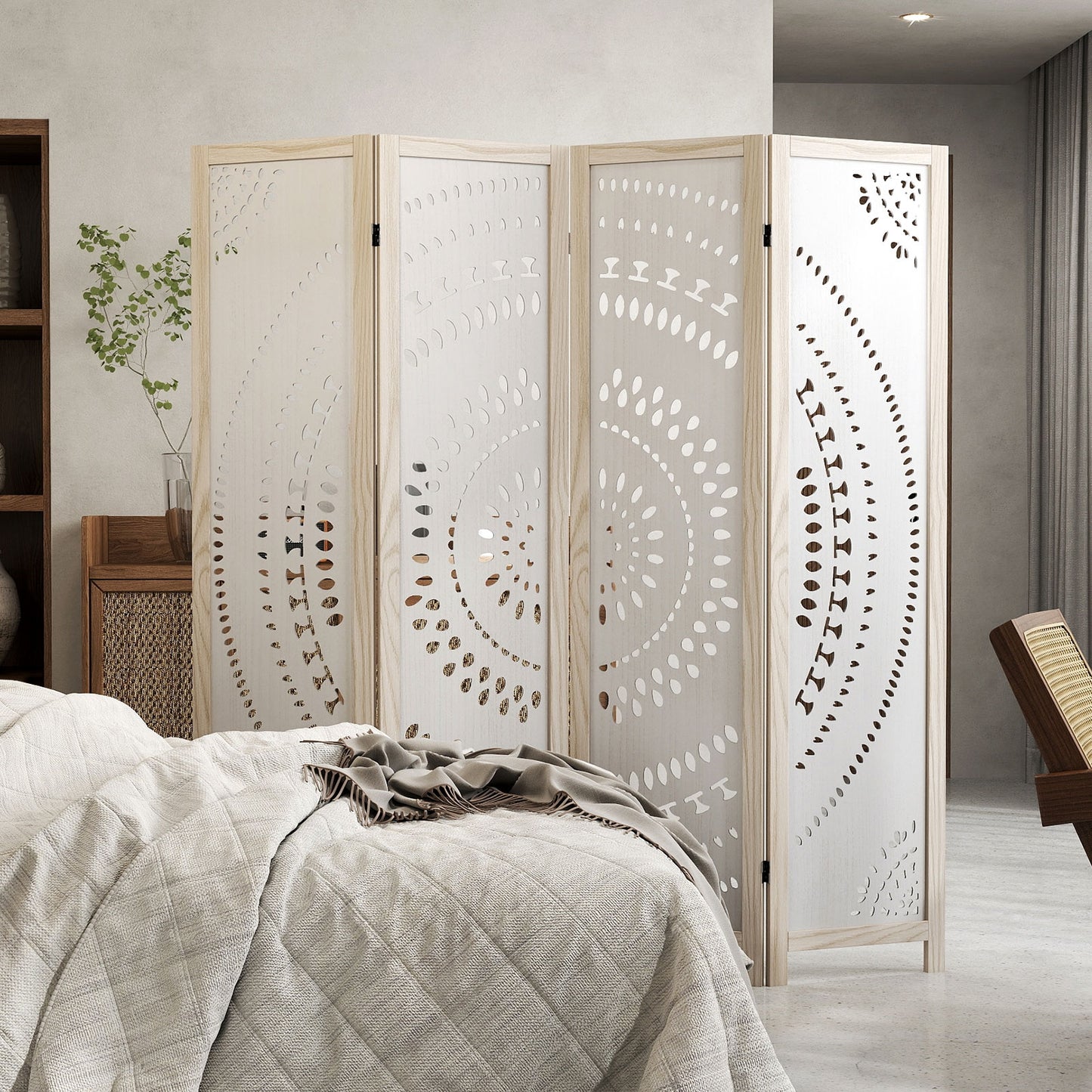 66 Inch Boho 4-Panel Room Divider with Intricate Carved Pattern & Solid Wood Frame