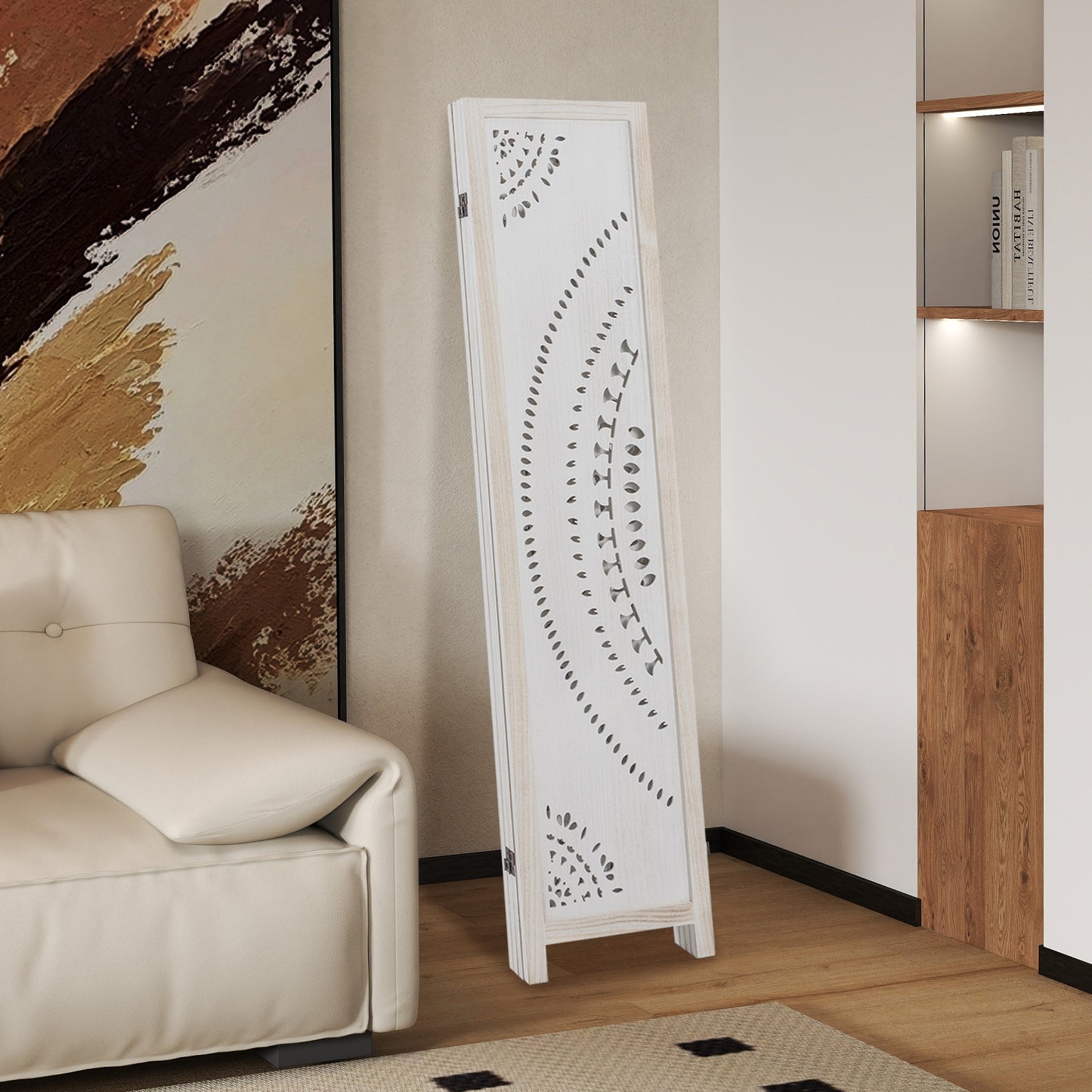 66 Inch Boho 4-Panel Room Divider with Intricate Carved Pattern & Solid Wood Frame