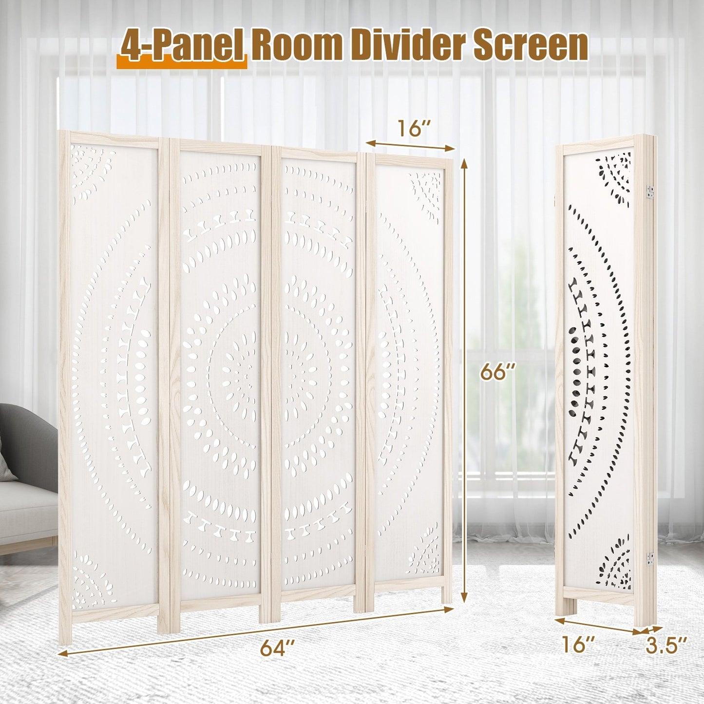 66 Inch Boho 4-Panel Room Divider with Intricate Carved Pattern & Solid Wood Frame