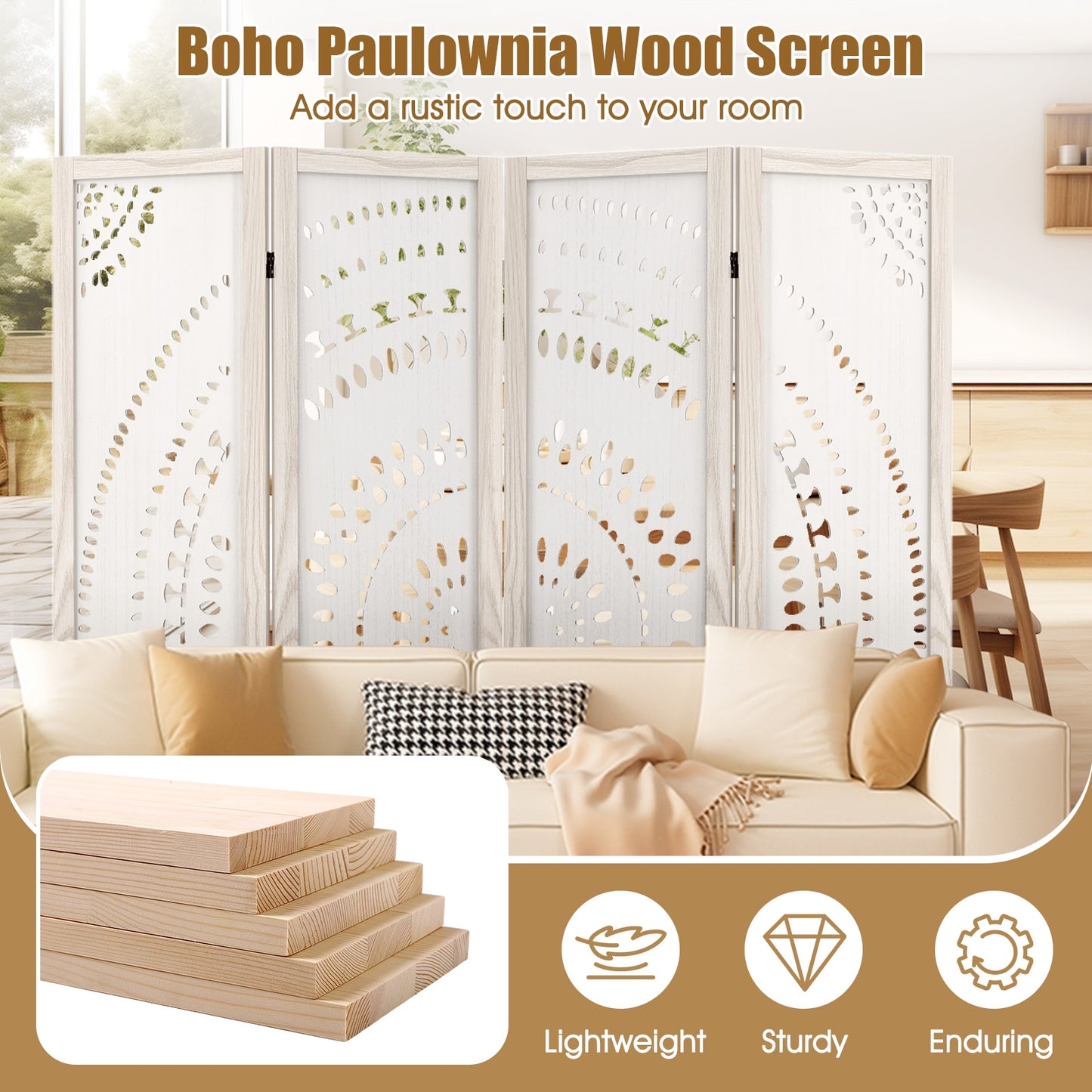 66 Inch Boho 4-Panel Room Divider with Intricate Carved Pattern & Solid Wood Frame