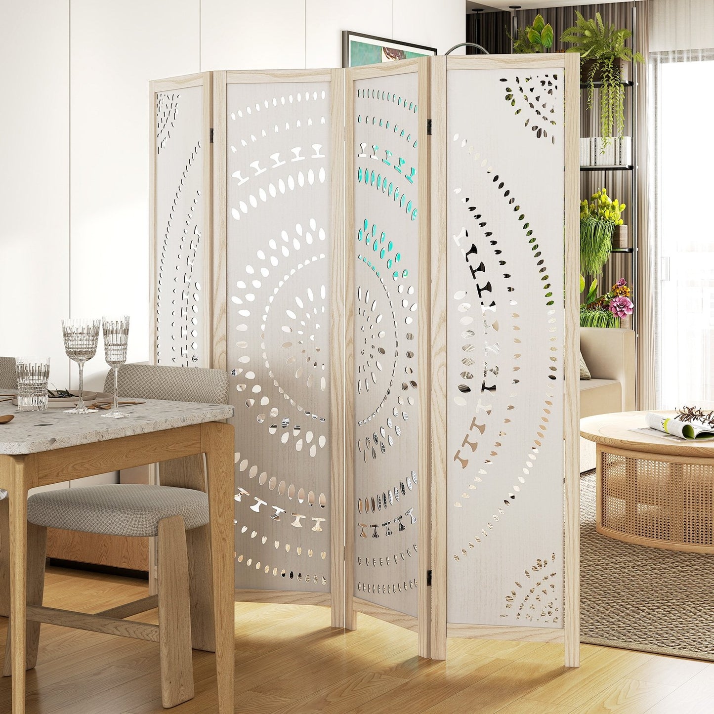 66 Inch Boho 4-Panel Room Divider with Intricate Carved Pattern & Solid Wood Frame