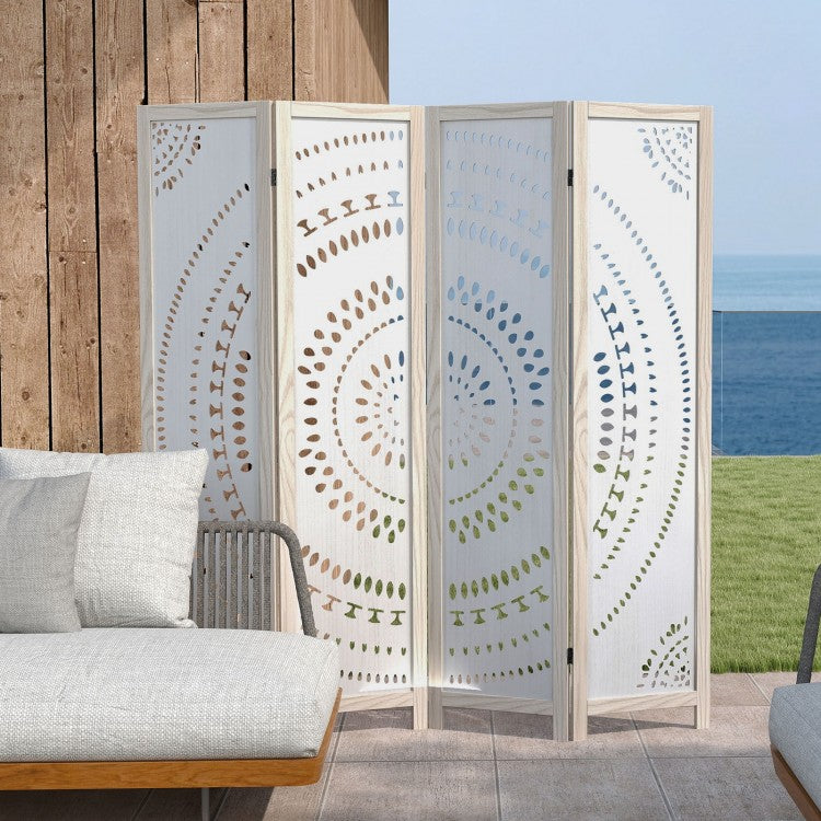 66 Inch Boho 4-Panel Room Divider with Intricate Carved Pattern & Solid Wood Frame