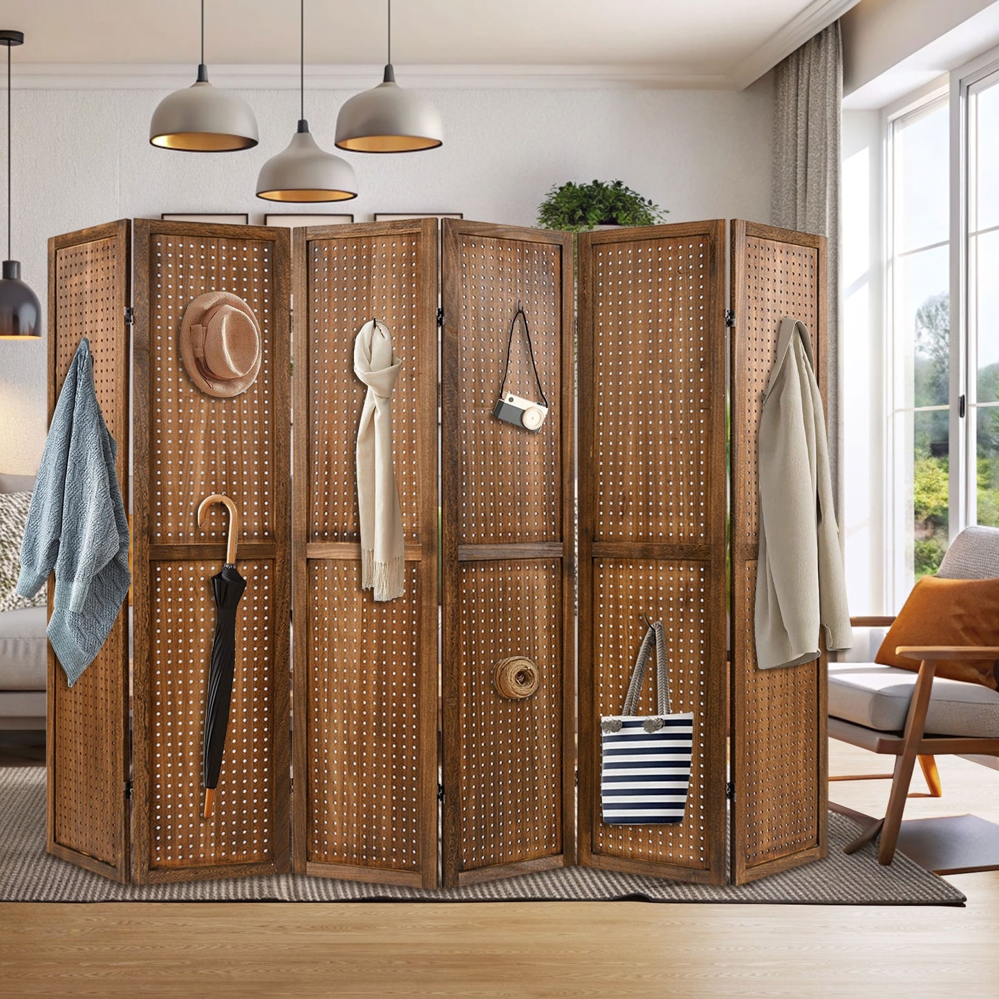 Multi-Functional Pegboard Display Divider with 360° Hinges and Solid Wood Frame - 6 Panel