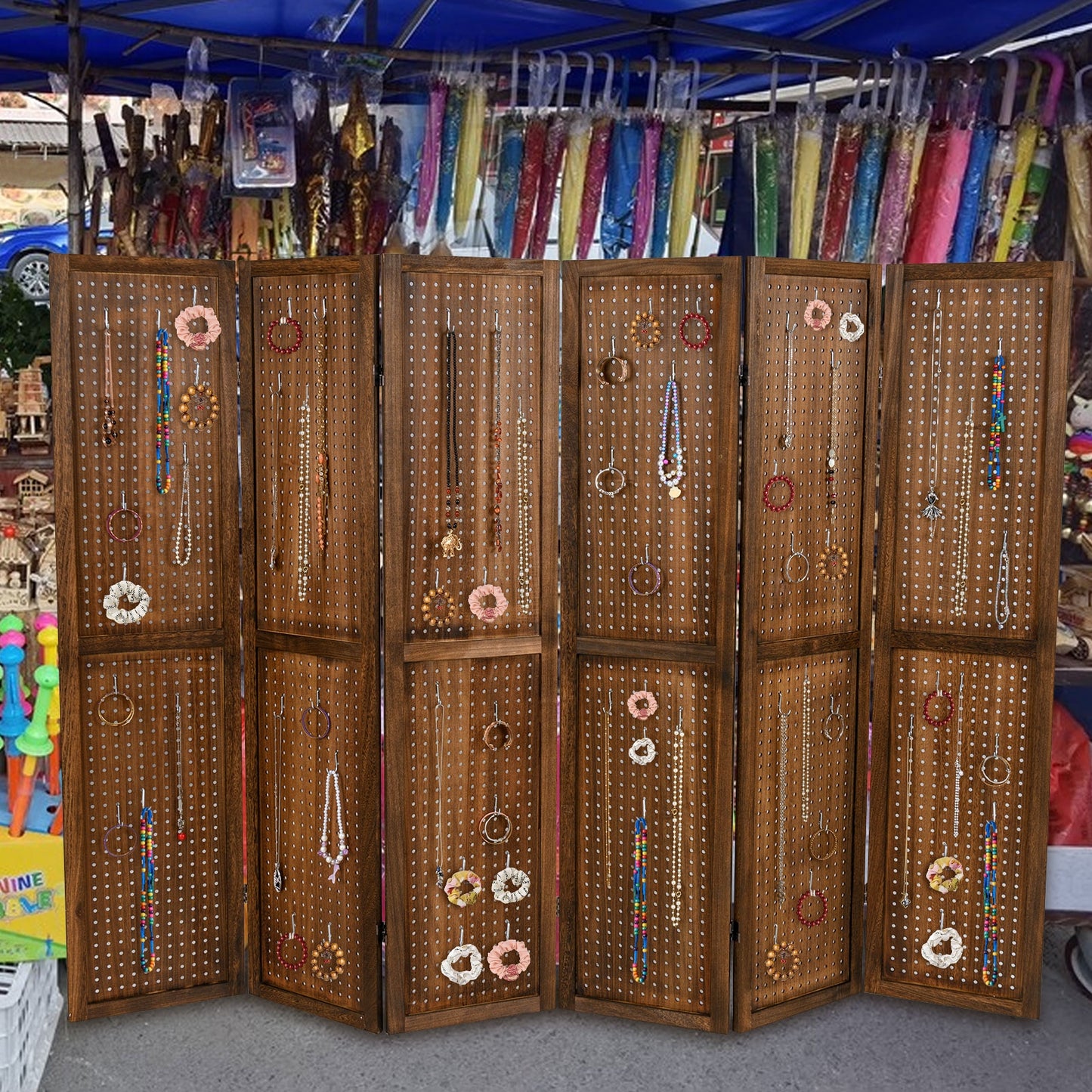 Multi-Functional Pegboard Display Divider with 360° Hinges and Solid Wood Frame - 6 Panel