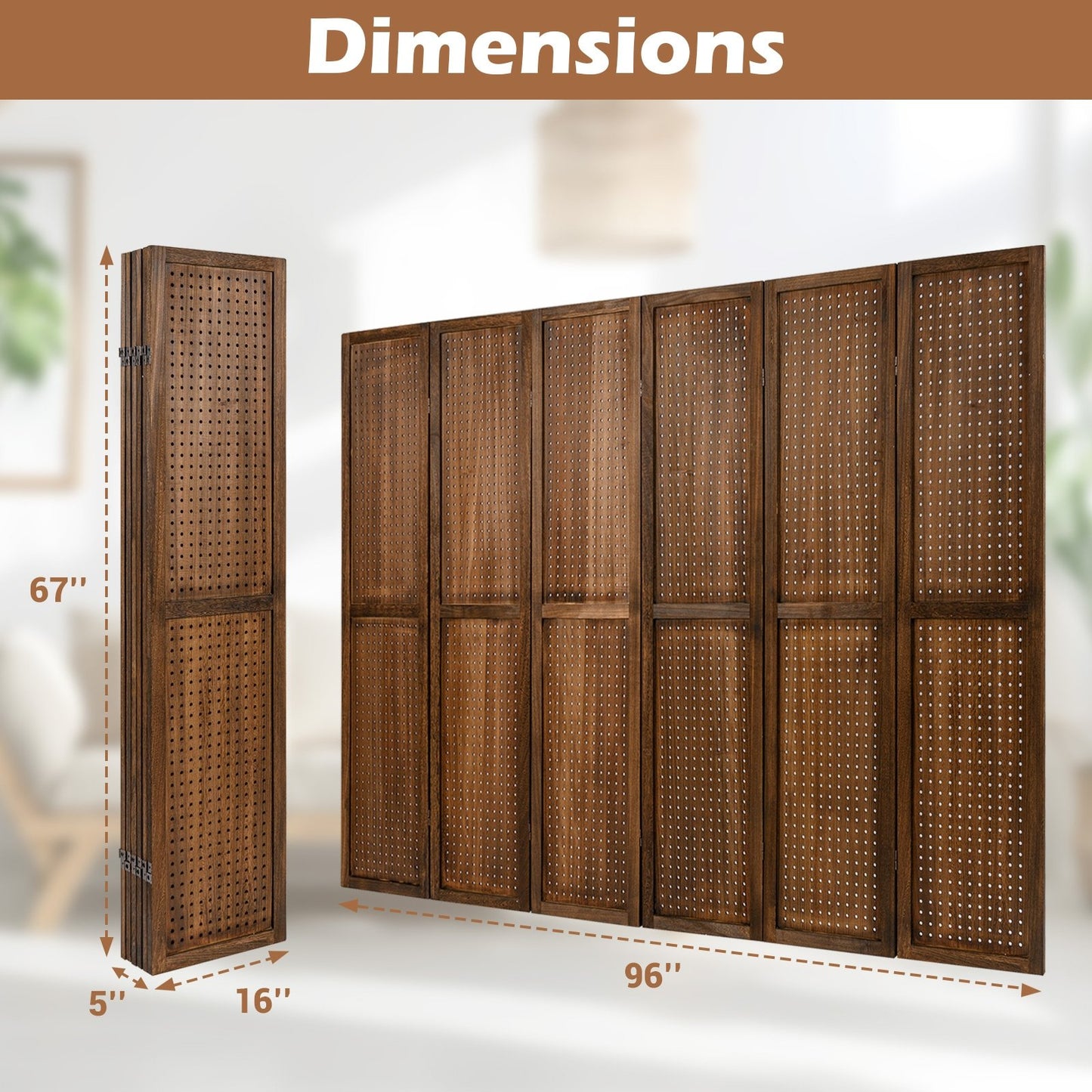 Multi-Functional Pegboard Display Divider with 360° Hinges and Solid Wood Frame - 6 Panel