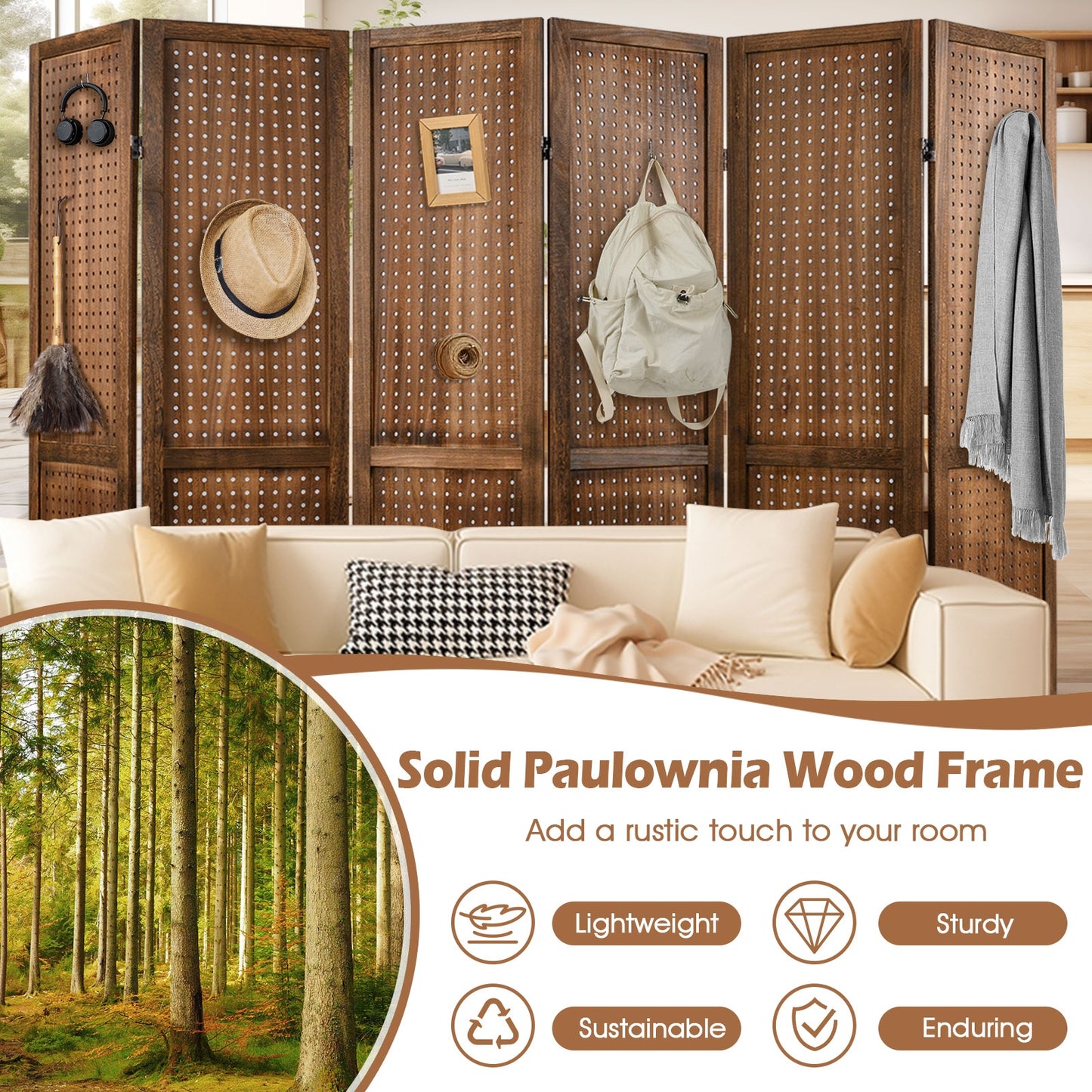 Multi-Functional Pegboard Display Divider with 360° Hinges and Solid Wood Frame - 6 Panel