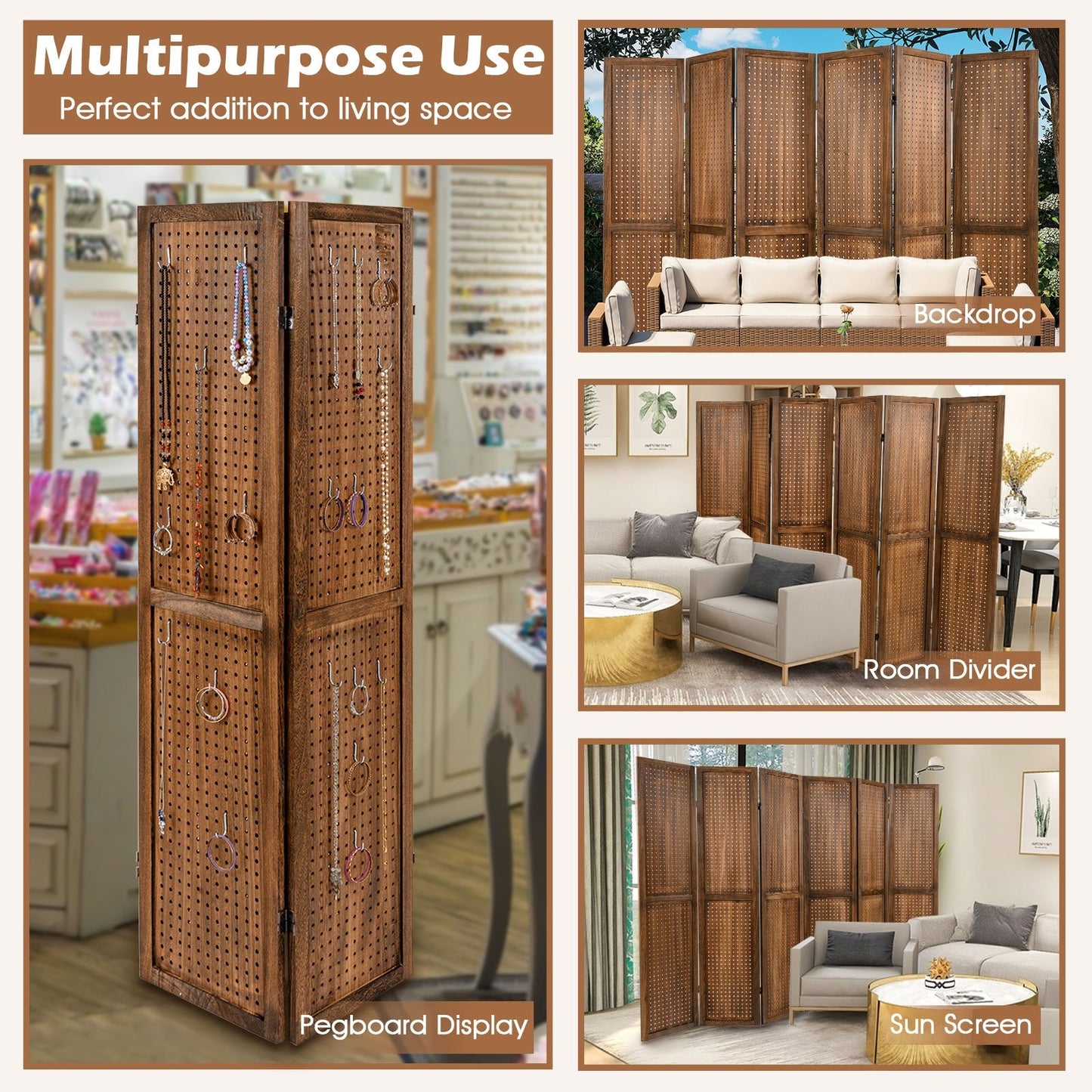 Multi-Functional Pegboard Display Divider with 360° Hinges and Solid Wood Frame - 6 Panel