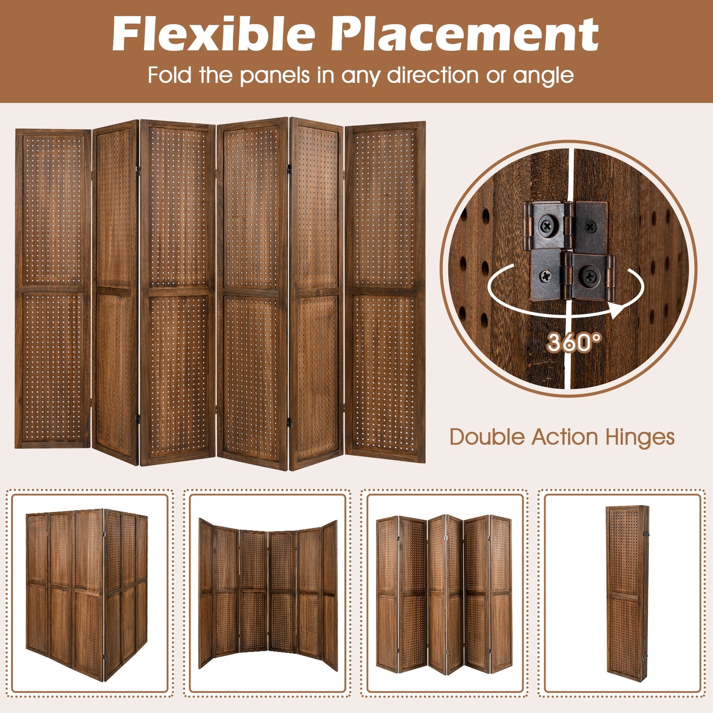 Multi-Functional Pegboard Display Divider with 360° Hinges and Solid Wood Frame - 6 Panel