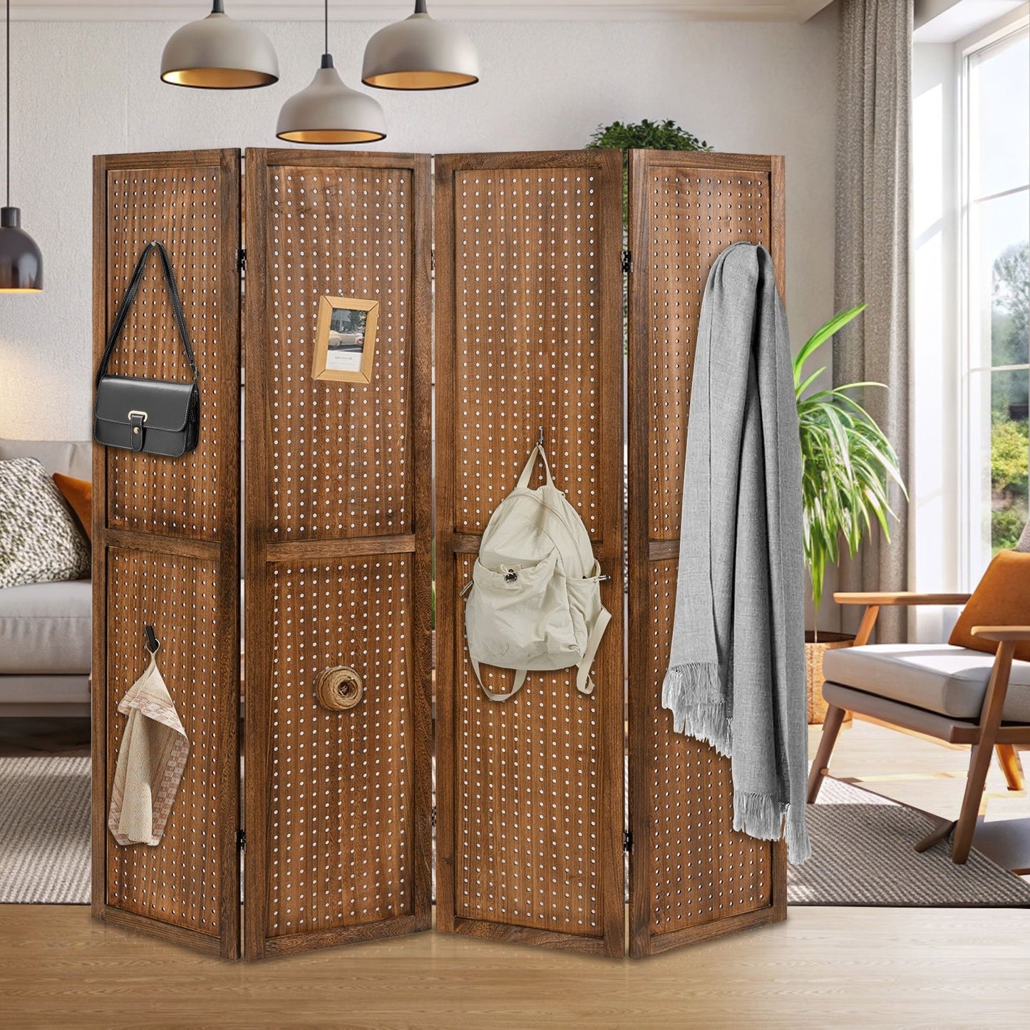 Multi-Functional Pegboard Display Divider with 360° Hinges and Solid Wood Frame - 4 Panel