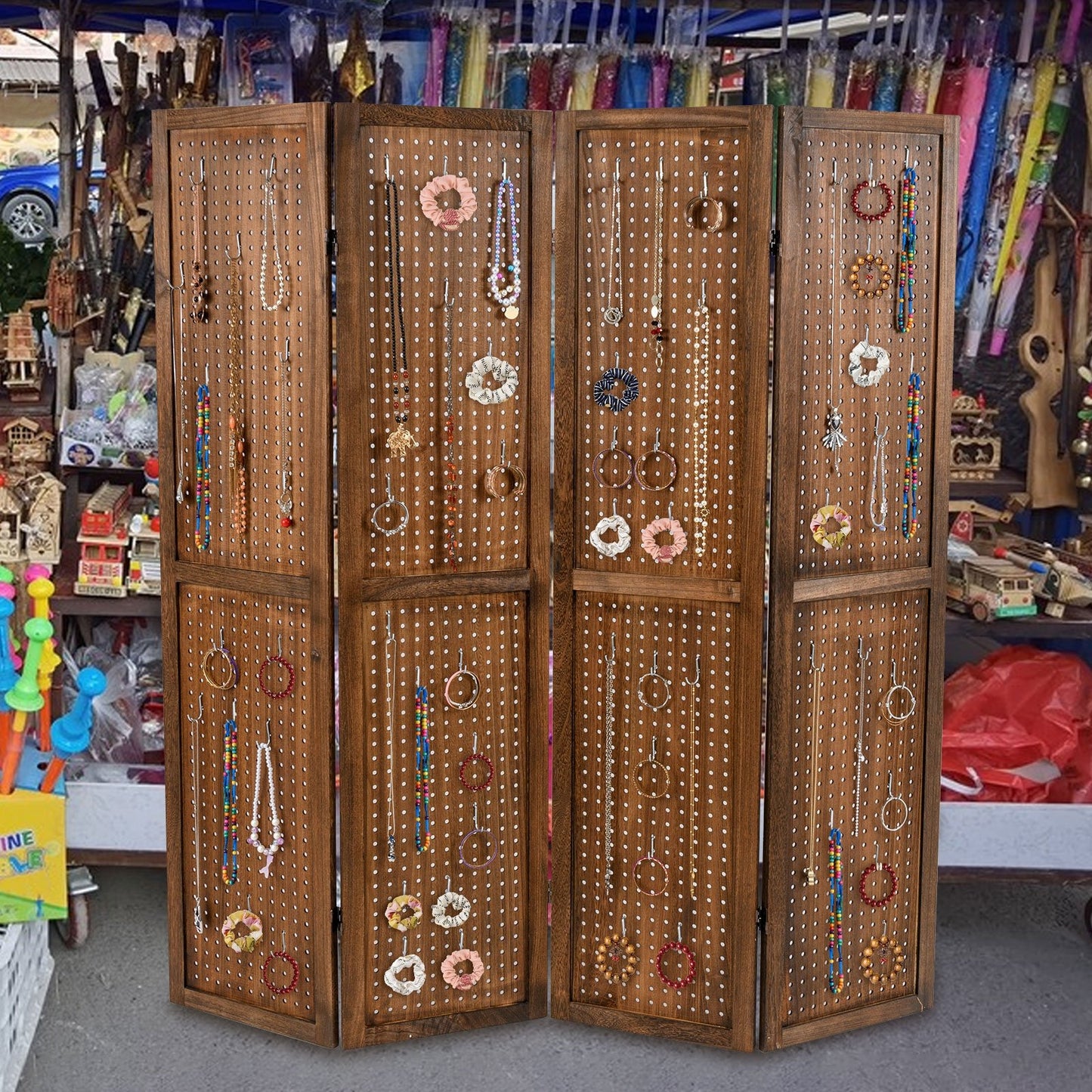 Multi-Functional Pegboard Display Divider with 360° Hinges and Solid Wood Frame - 4 Panel