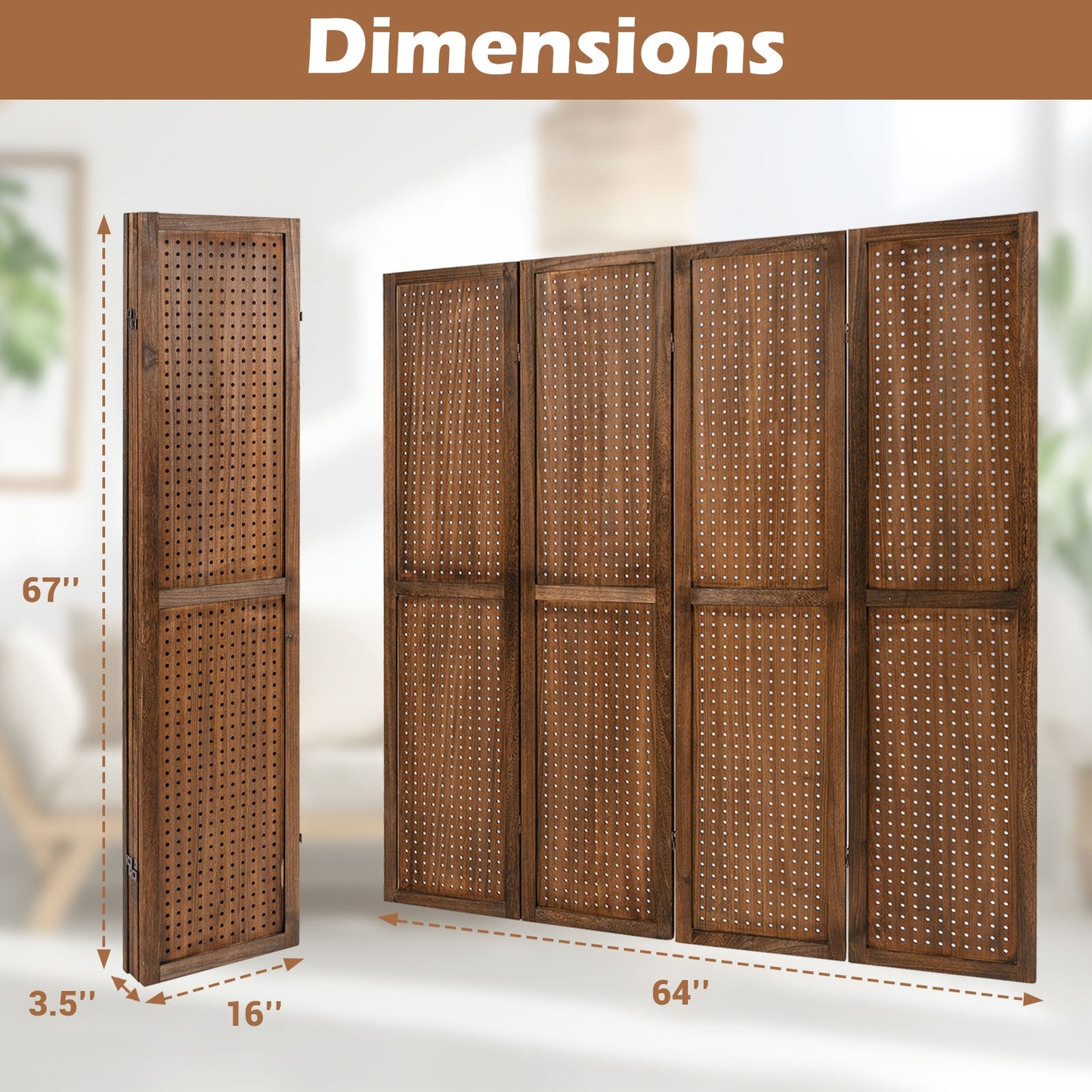 Multi-Functional Pegboard Display Divider with 360° Hinges and Solid Wood Frame - 4 Panel