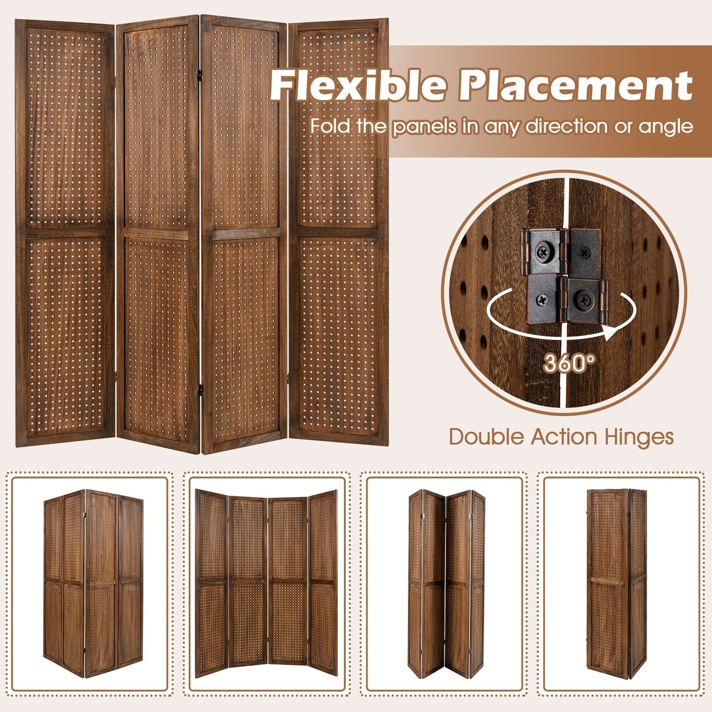 Multi-Functional Pegboard Display Divider with 360° Hinges and Solid Wood Frame - 4 Panel