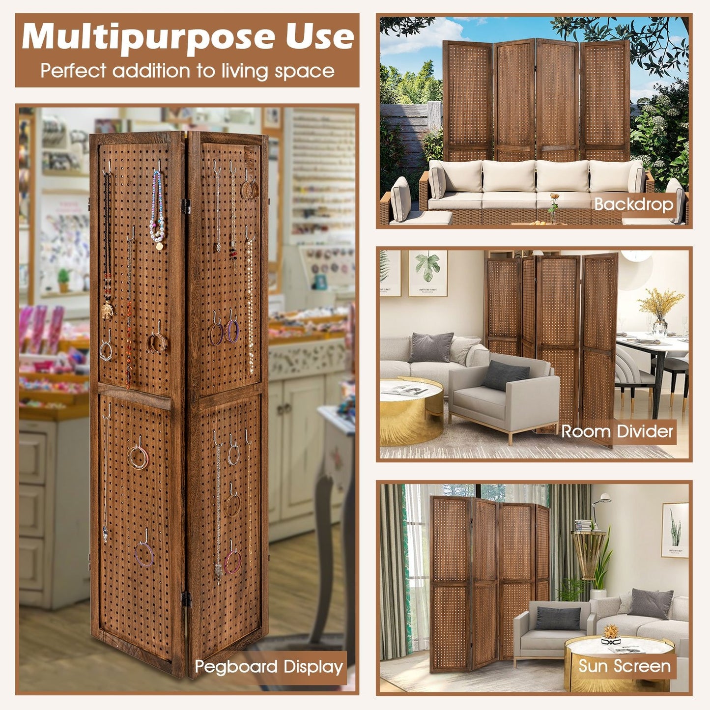 Multi-Functional Pegboard Display Divider with 360° Hinges and Solid Wood Frame - 4 Panel