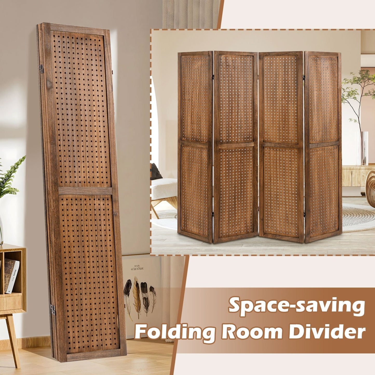 Multi-Functional Pegboard Display Divider with 360° Hinges and Solid Wood Frame - 4 Panel