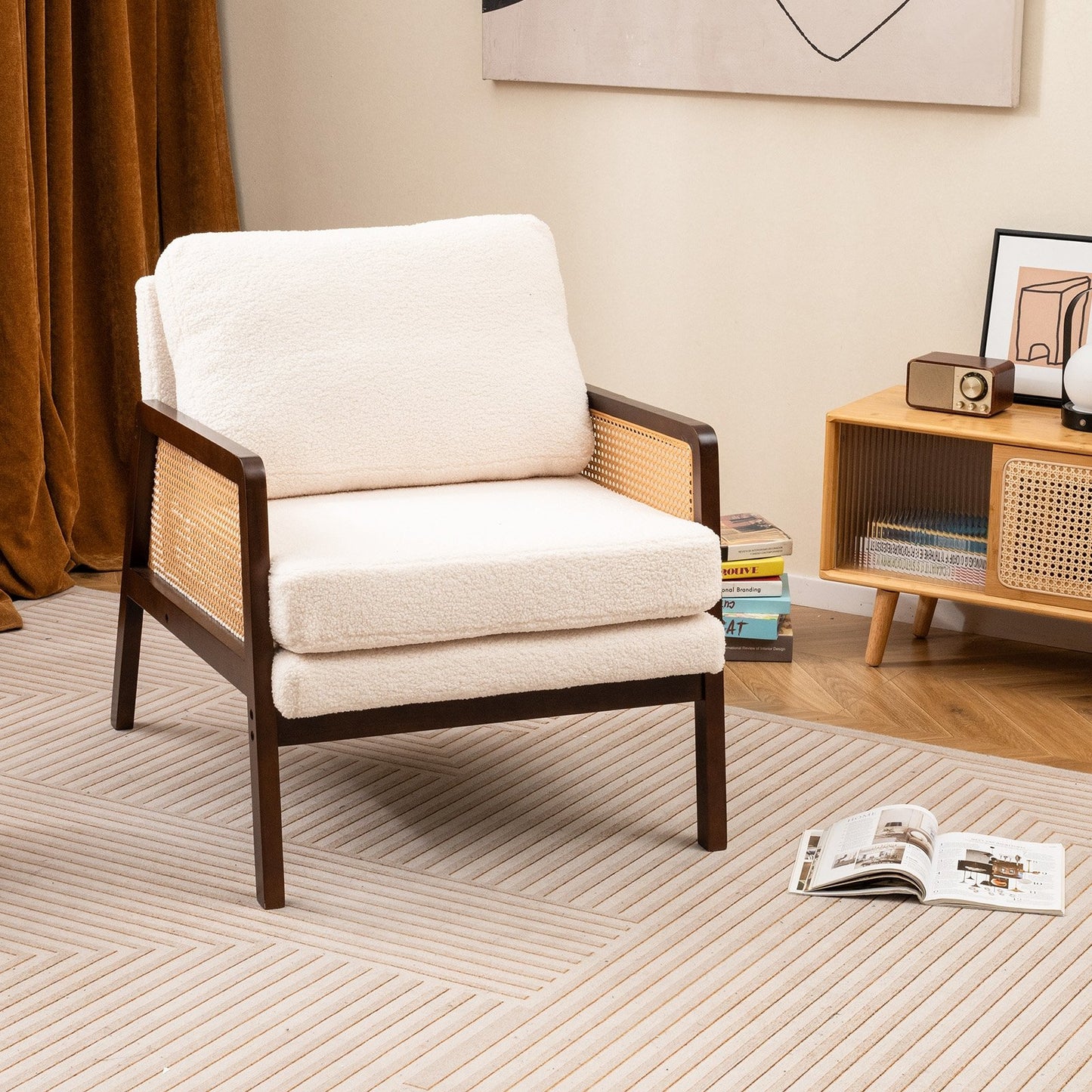 Modern Accent Chair with PE Rattan Armrests and Plush Sherpa Cushion in Brown Wood