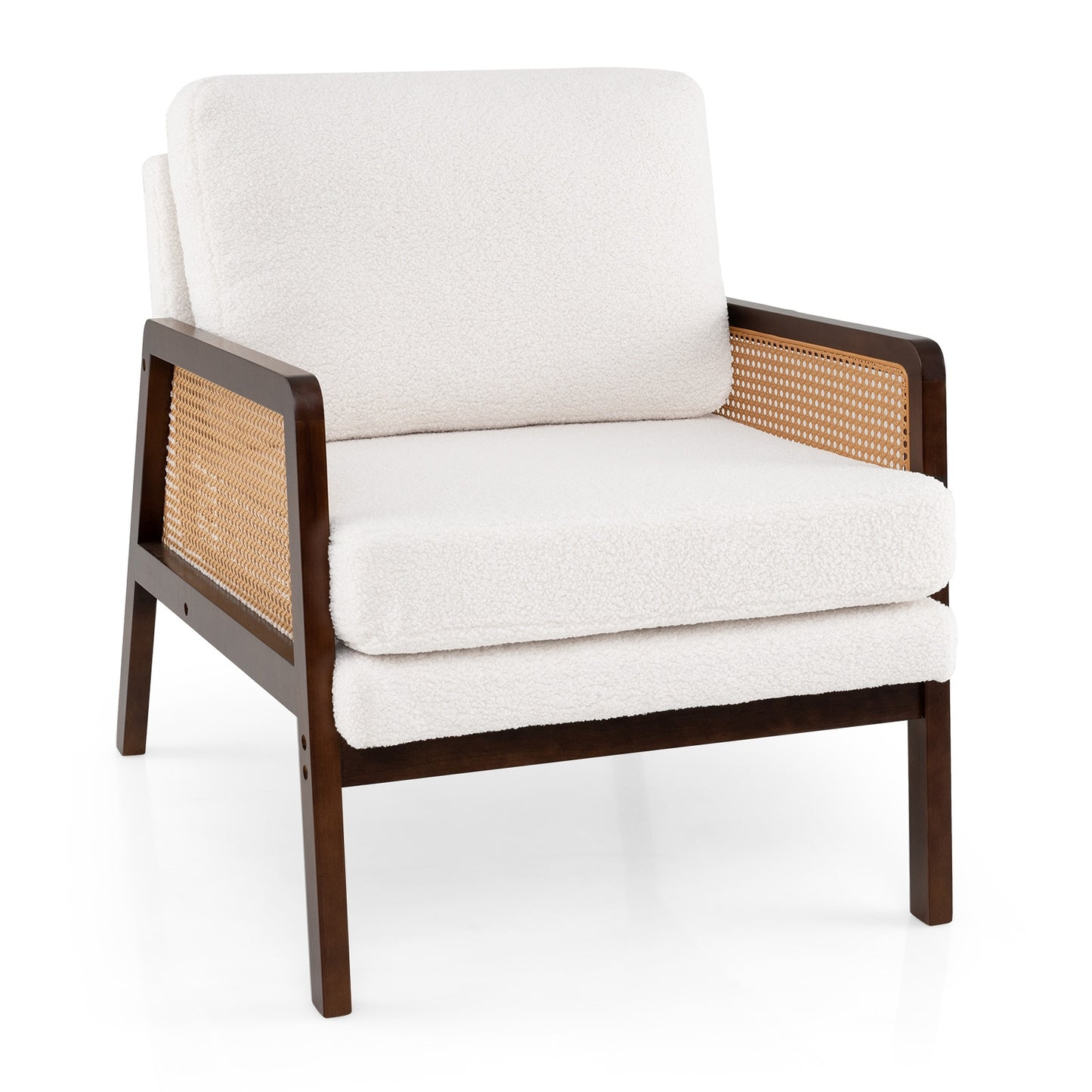Modern Accent Chair with PE Rattan Armrests and Plush Sherpa Cushion in Brown Wood