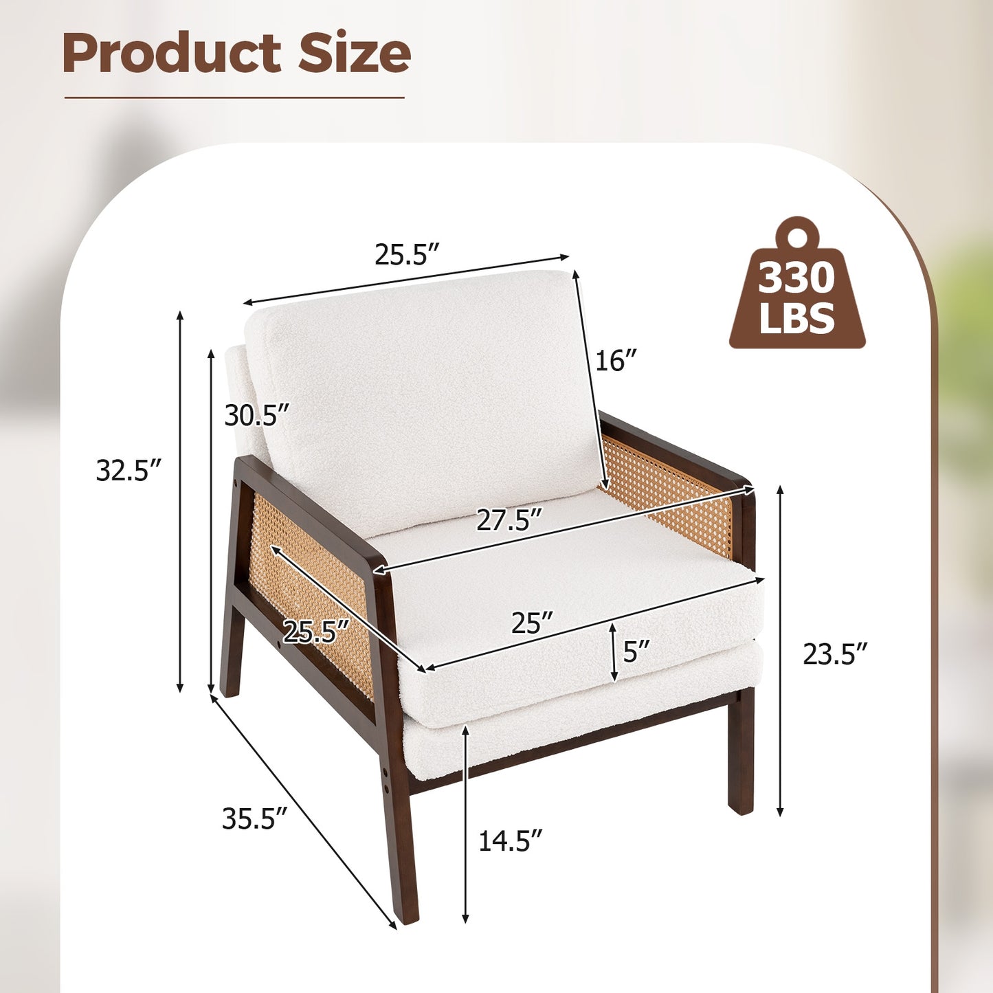 Modern Accent Chair with PE Rattan Armrests and Plush Sherpa Cushion in Brown Wood