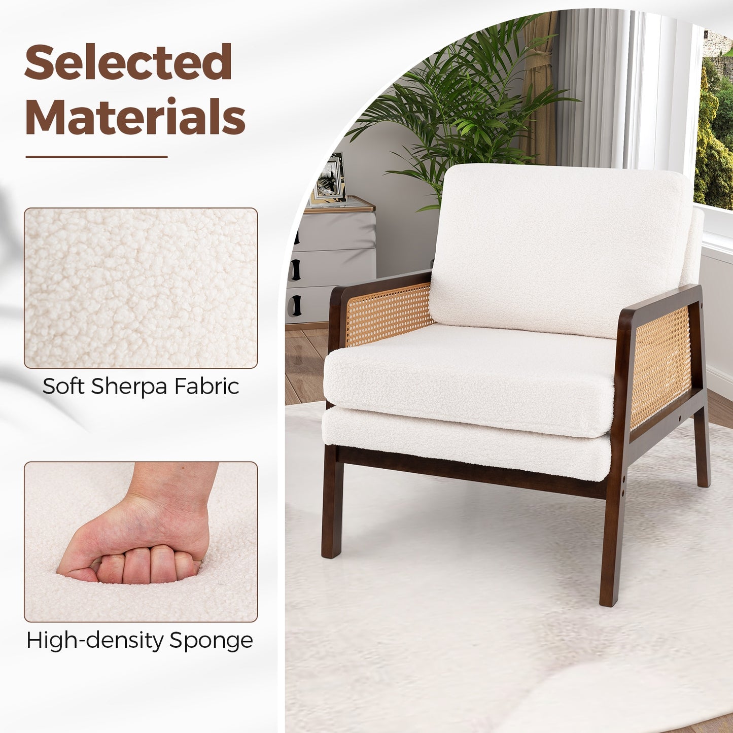 Modern Accent Chair with PE Rattan Armrests and Plush Sherpa Cushion in Brown Wood
