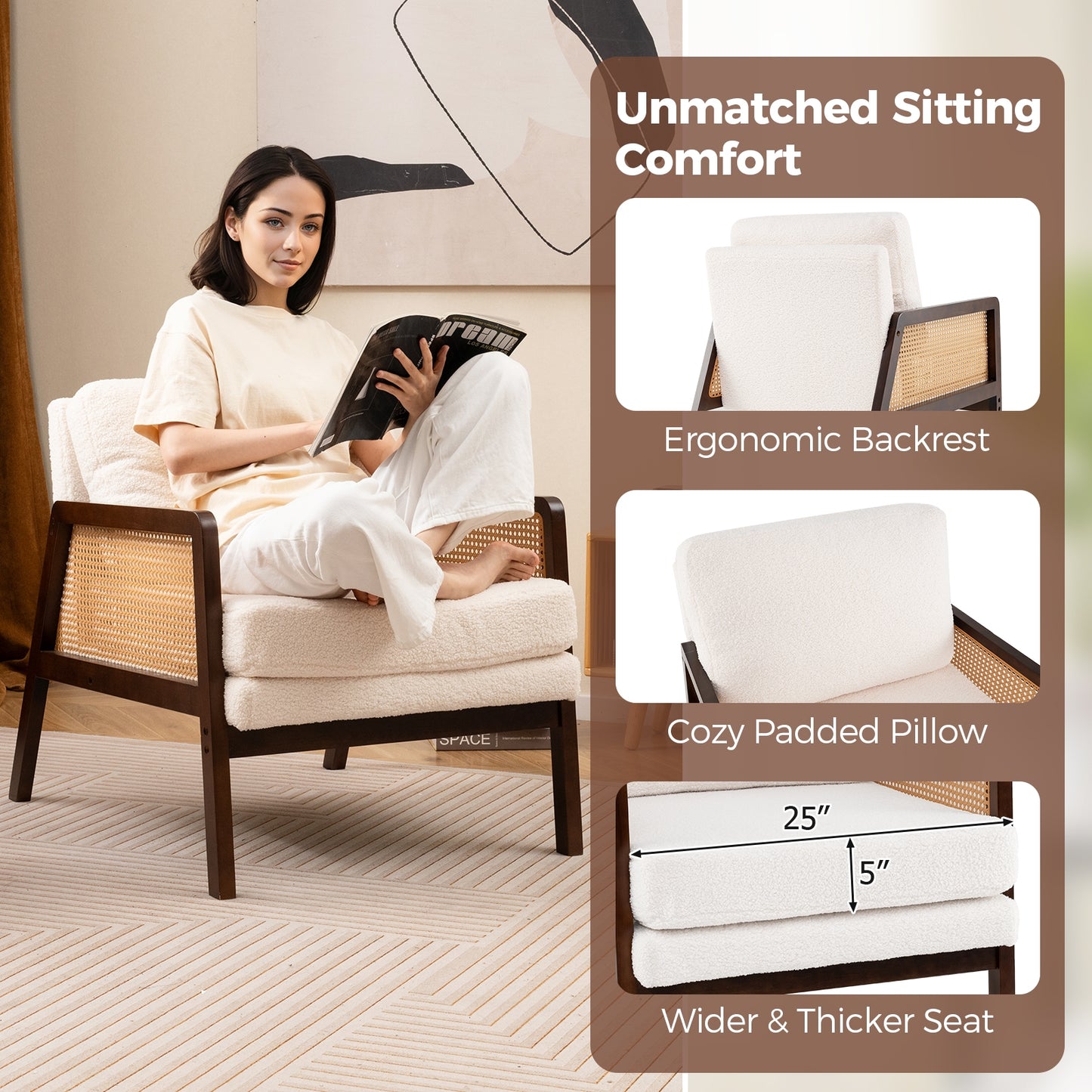 Modern Accent Chair with PE Rattan Armrests and Plush Sherpa Cushion in Brown Wood