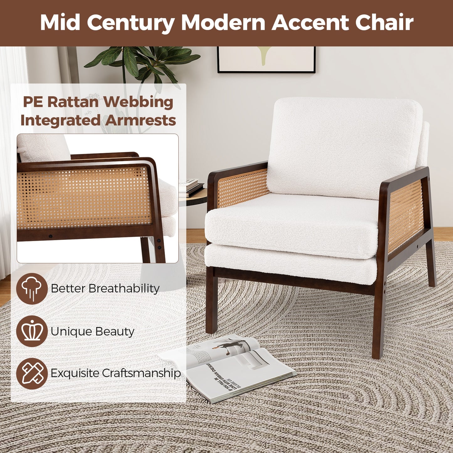 Modern Accent Chair with PE Rattan Armrests and Plush Sherpa Cushion in Brown Wood