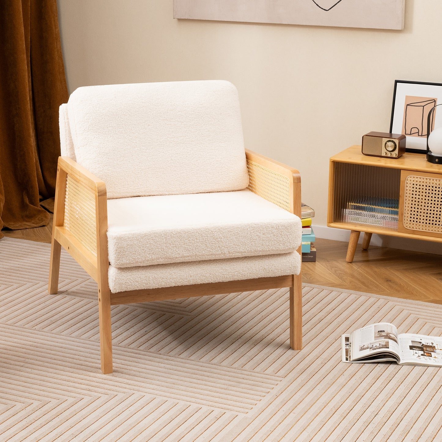 Modern Accent Chair with PE Rattan Armrests and Plush Sherpa Cushion in Natural Wood