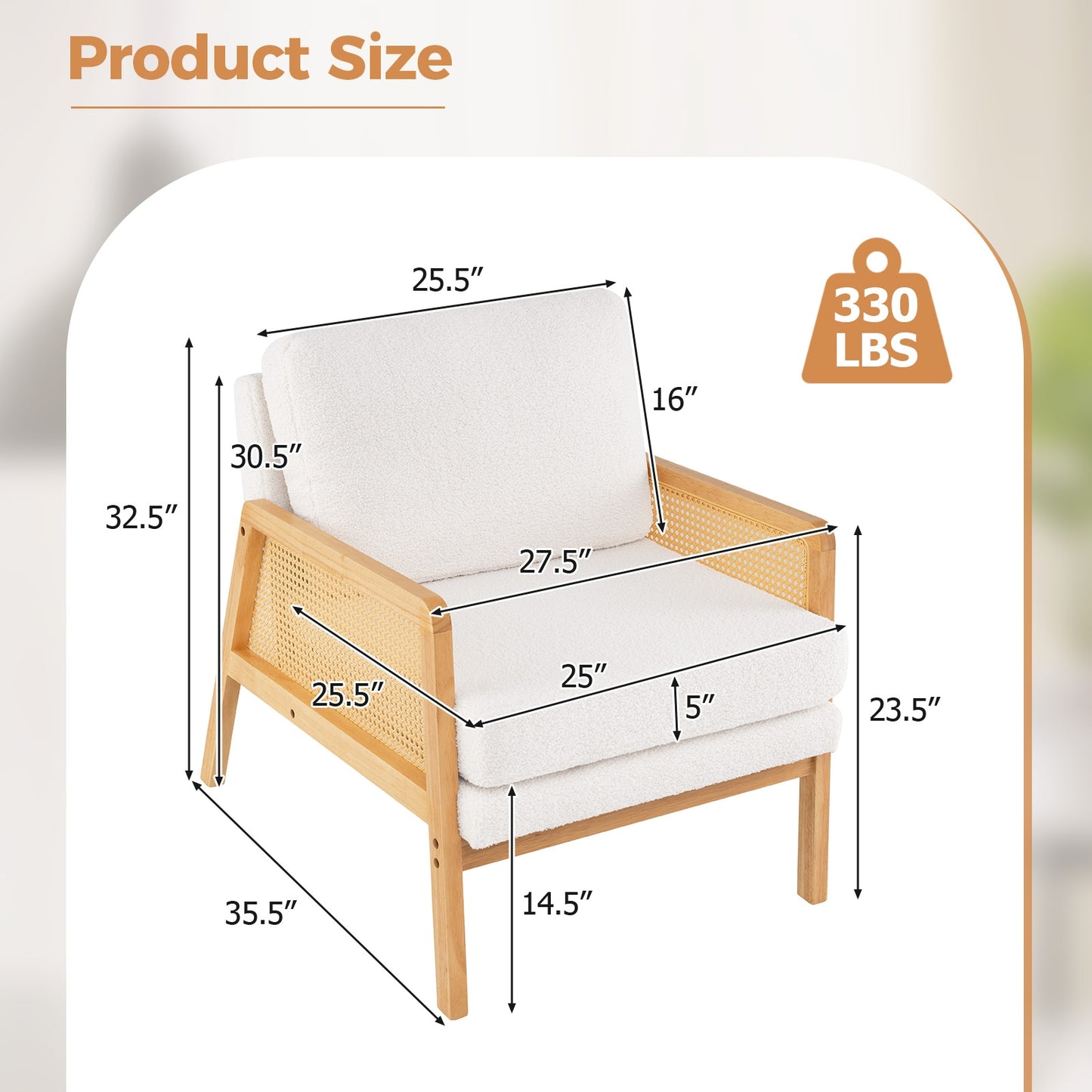 Modern Accent Chair with PE Rattan Armrests and Plush Sherpa Cushion in Natural Wood