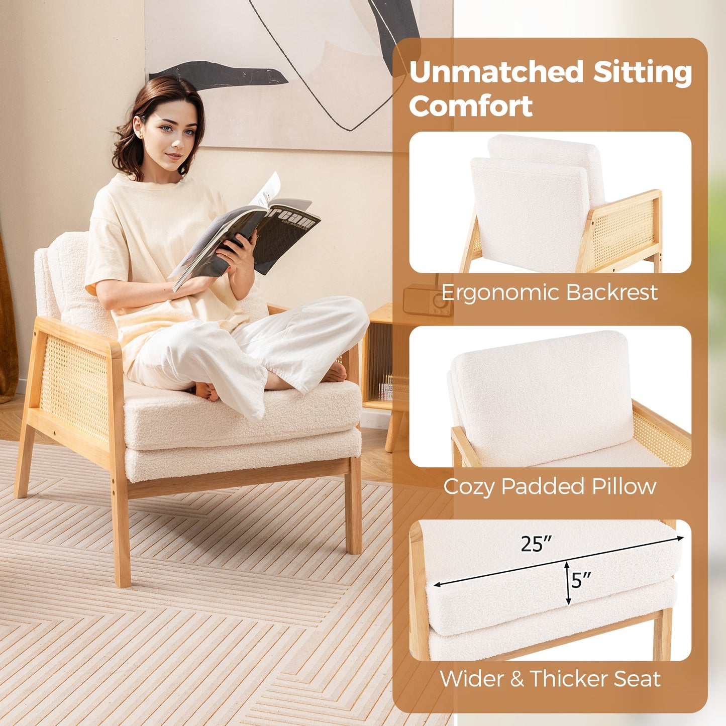 Modern Accent Chair with PE Rattan Armrests and Plush Sherpa Cushion in Natural Wood